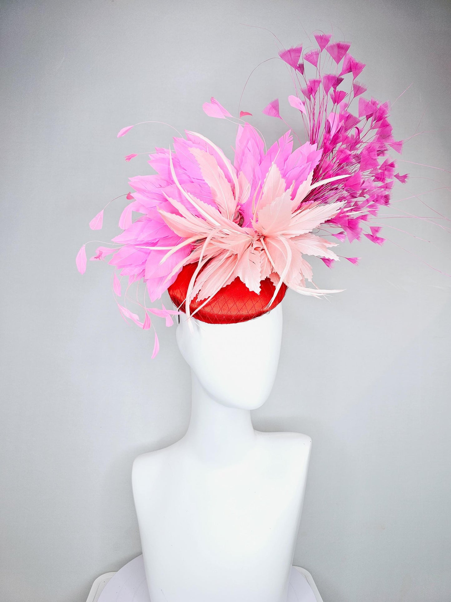kentucky derby hat fascinator red satin with netting,light blush pink rose feather flower, pink branching feathers