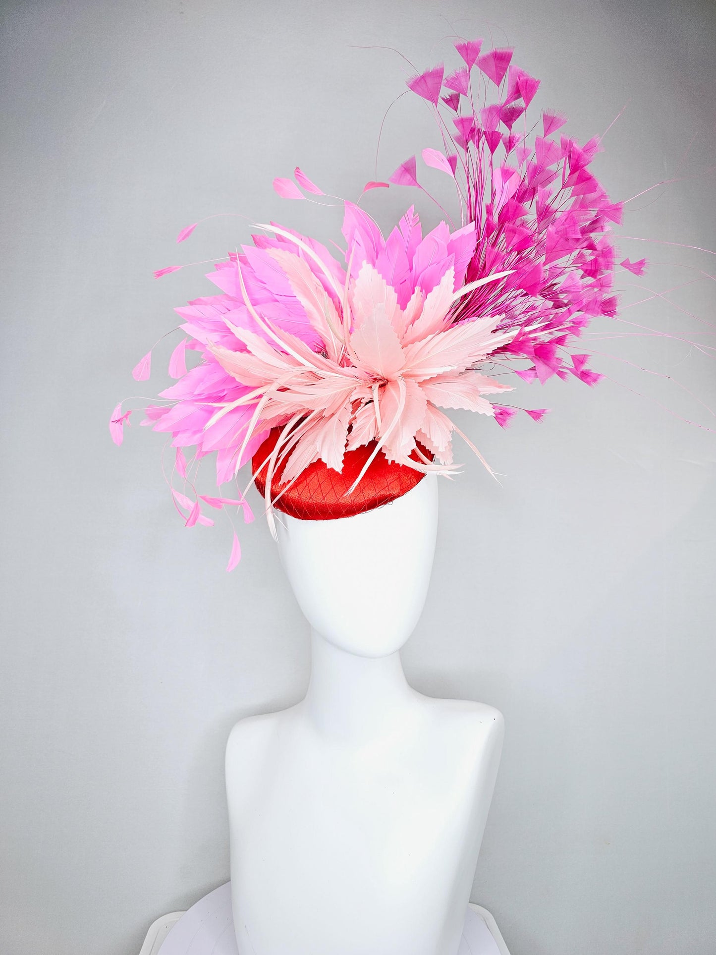 kentucky derby hat fascinator red satin with netting,light blush pink rose feather flower, pink branching feathers