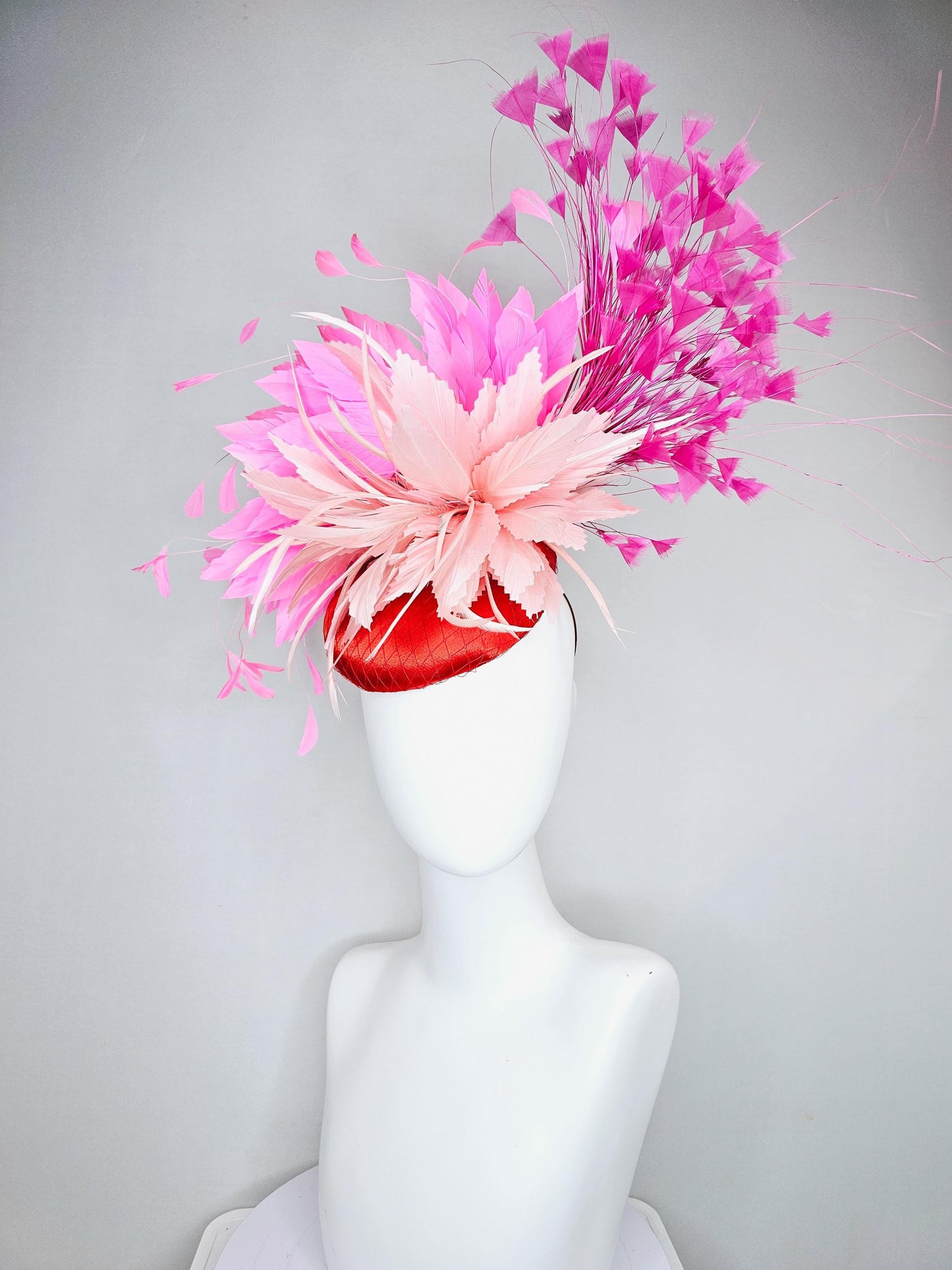 kentucky derby hat fascinator red satin with netting,light blush pink rose feather flower, pink branching feathers