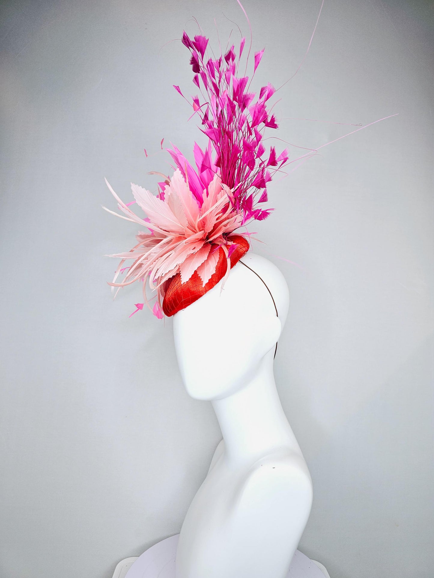 kentucky derby hat fascinator red satin with netting,light blush pink rose feather flower, pink branching feathers