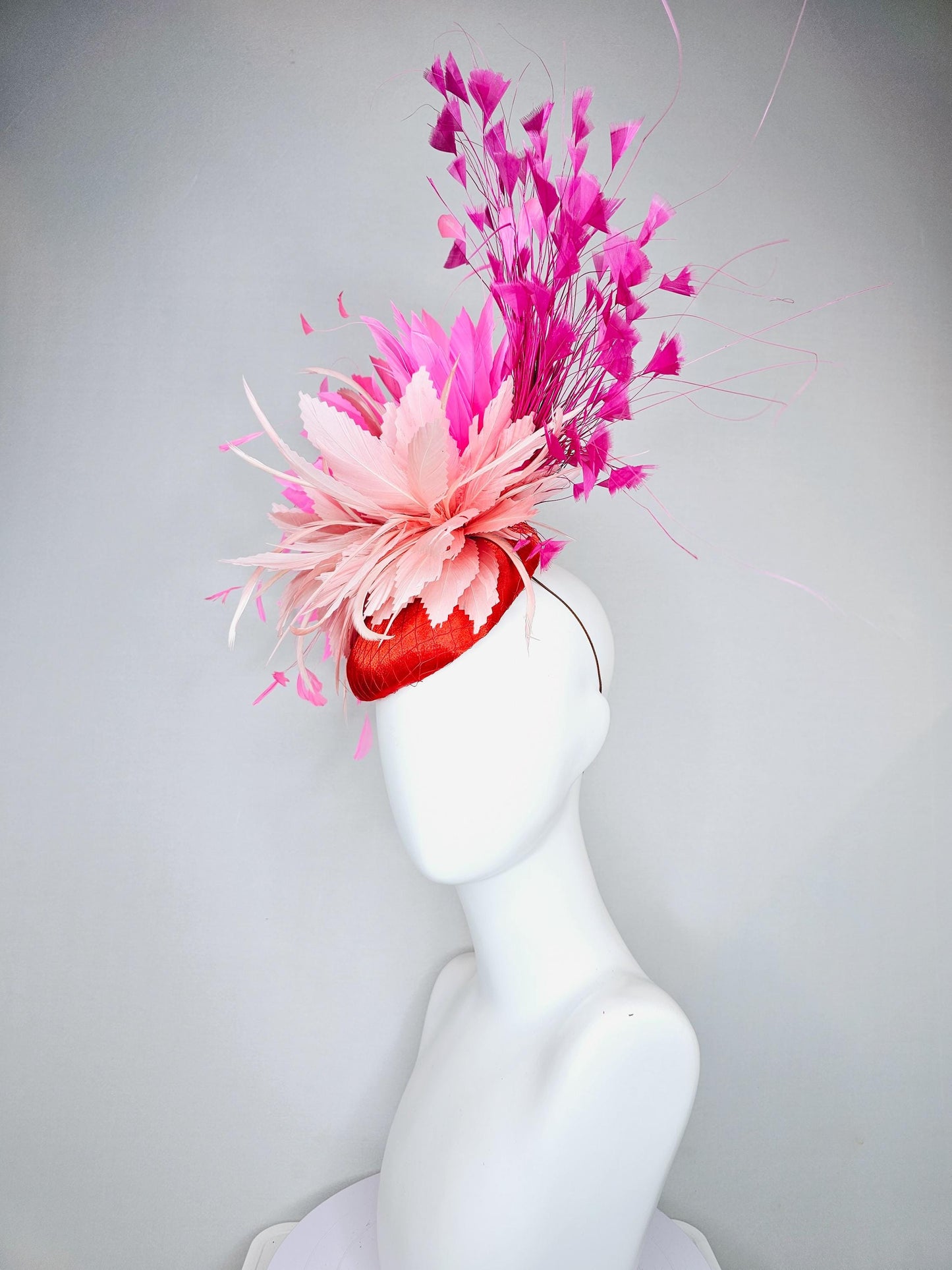 kentucky derby hat fascinator red satin with netting,light blush pink rose feather flower, pink branching feathers