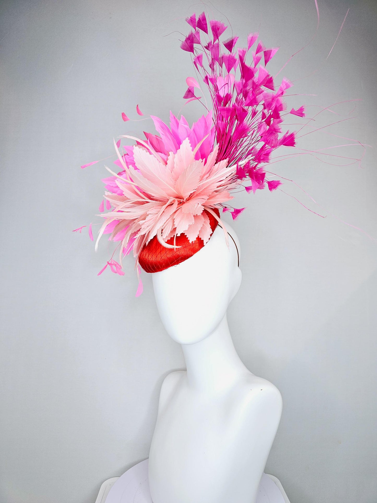 kentucky derby hat fascinator red satin with netting,light blush pink rose feather flower, pink branching feathers