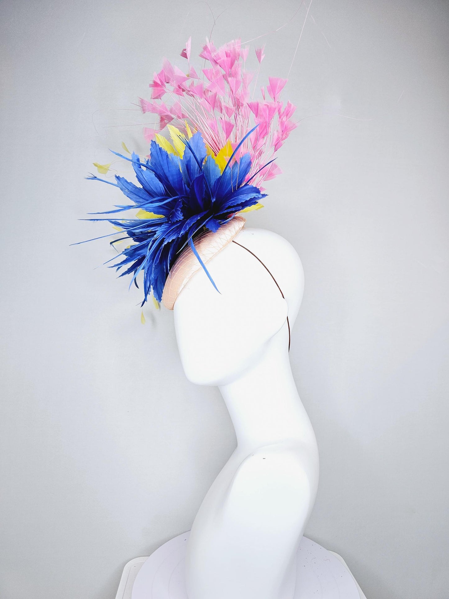 kentucky derby hat fascinator champagne satin with netting,cobalt royal blue and yellow feather flower, light blush pink branching feathers
