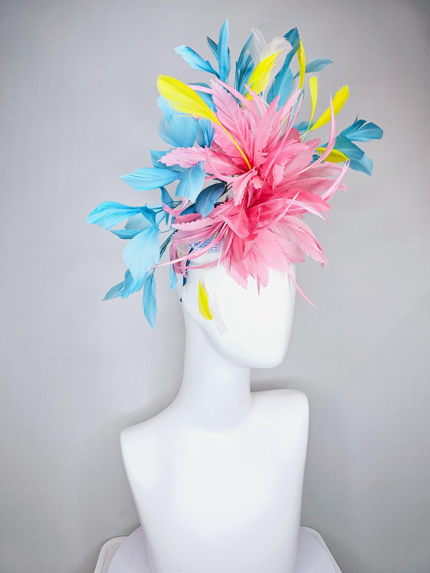 kentucky derby hat fascinator light blush pink rose feather flower, light turquoise aqua blue yellow white branching feathers, thin headband