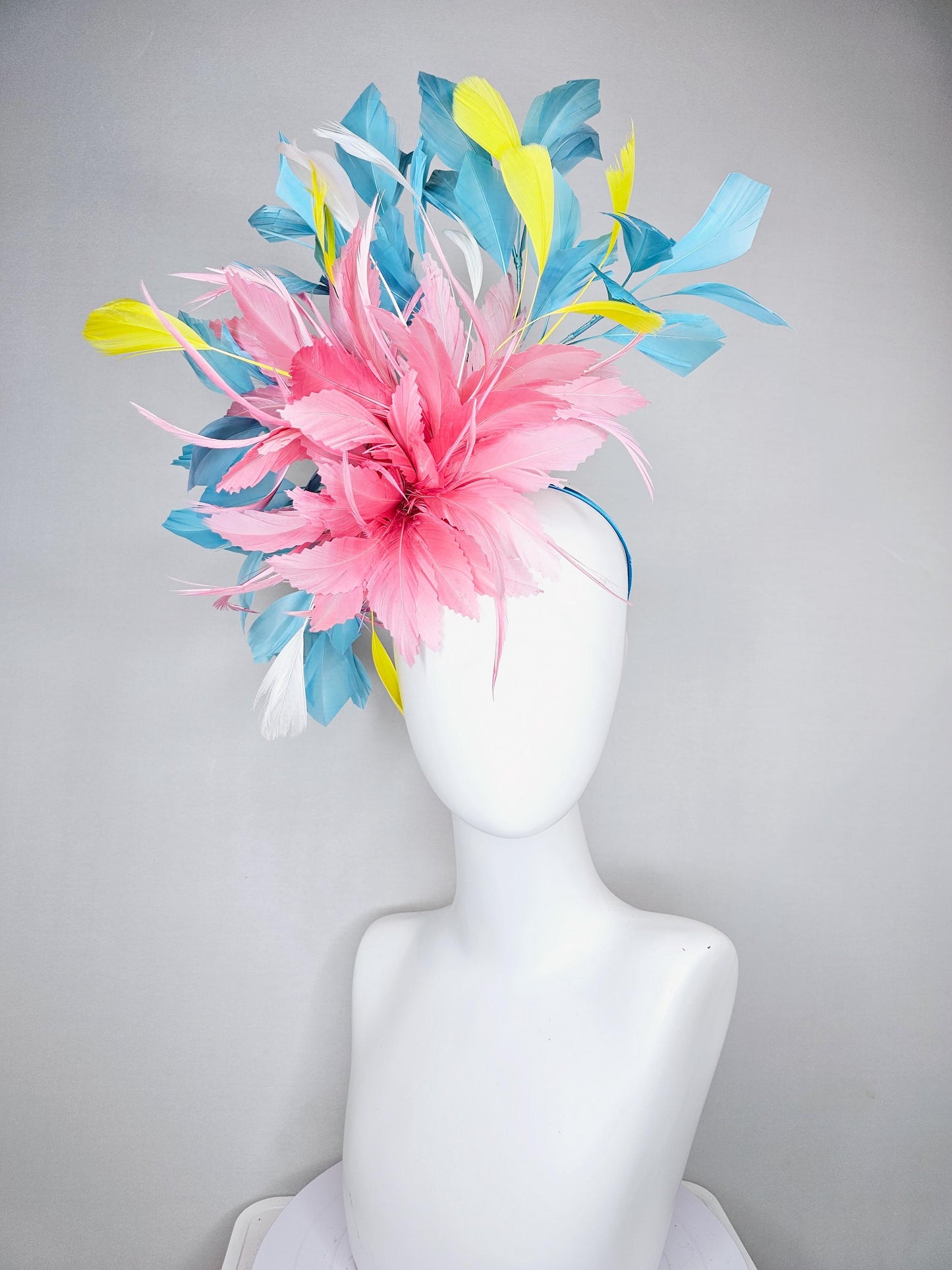 kentucky derby hat fascinator light blush pink rose feather flower, light turquoise aqua blue yellow white branching feathers, thin headband