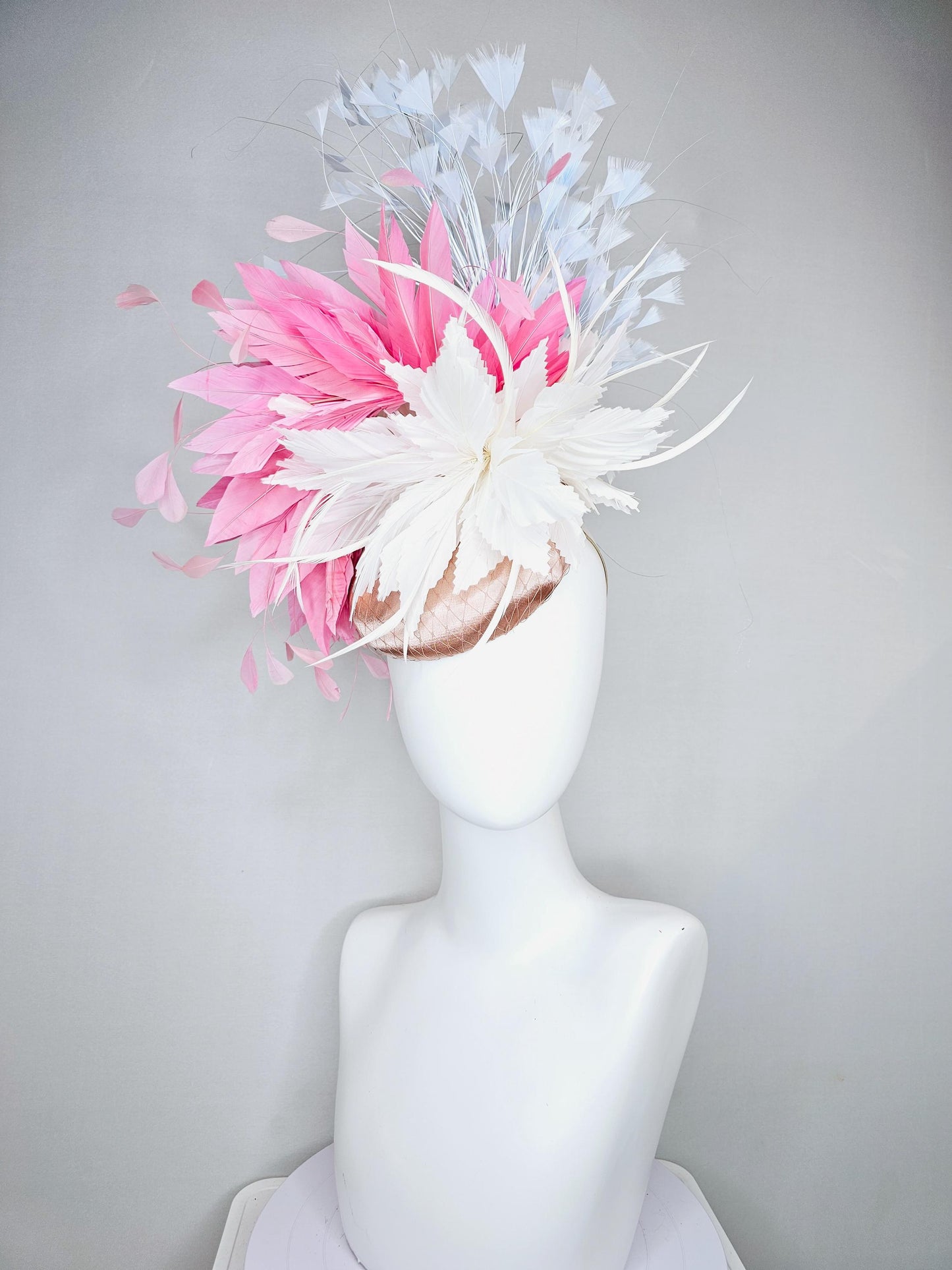 kentucky derby hat fascinator champagne satin with netting, white and blush light pink feather flower, sky light blue branching feathers