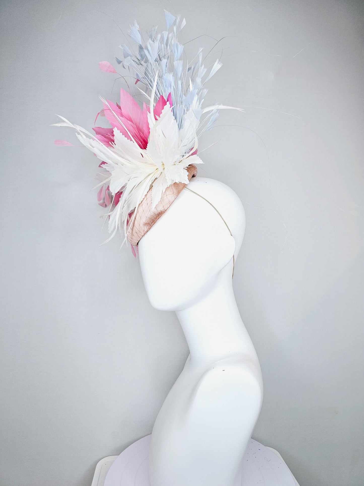 kentucky derby hat fascinator champagne satin with netting, white and blush light pink feather flower, sky light blue branching feathers