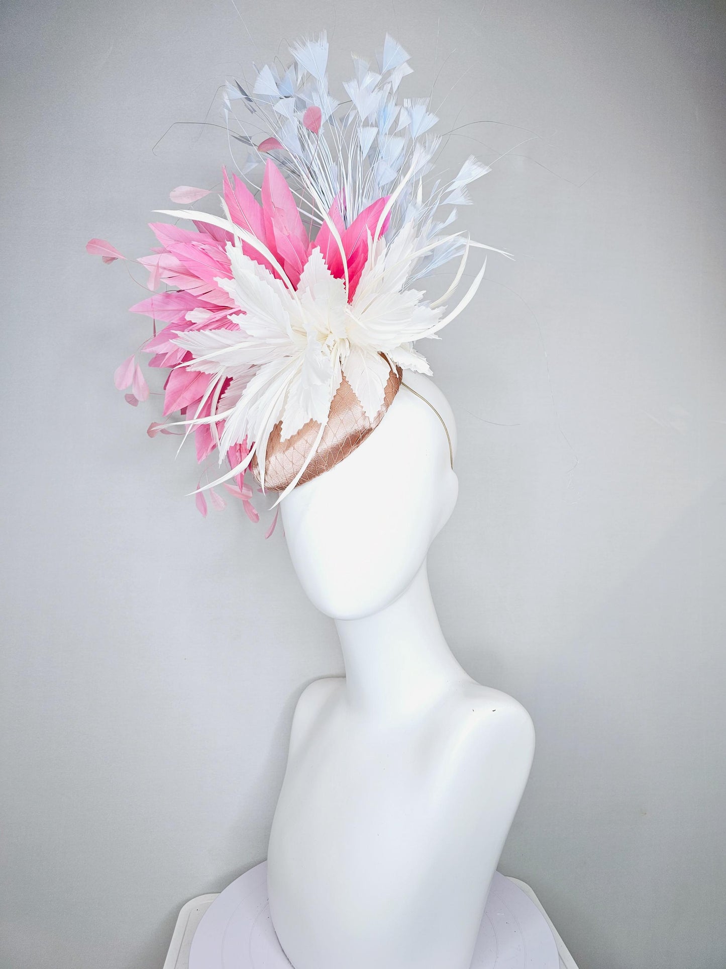 kentucky derby hat fascinator champagne satin with netting, white and blush light pink feather flower, sky light blue branching feathers