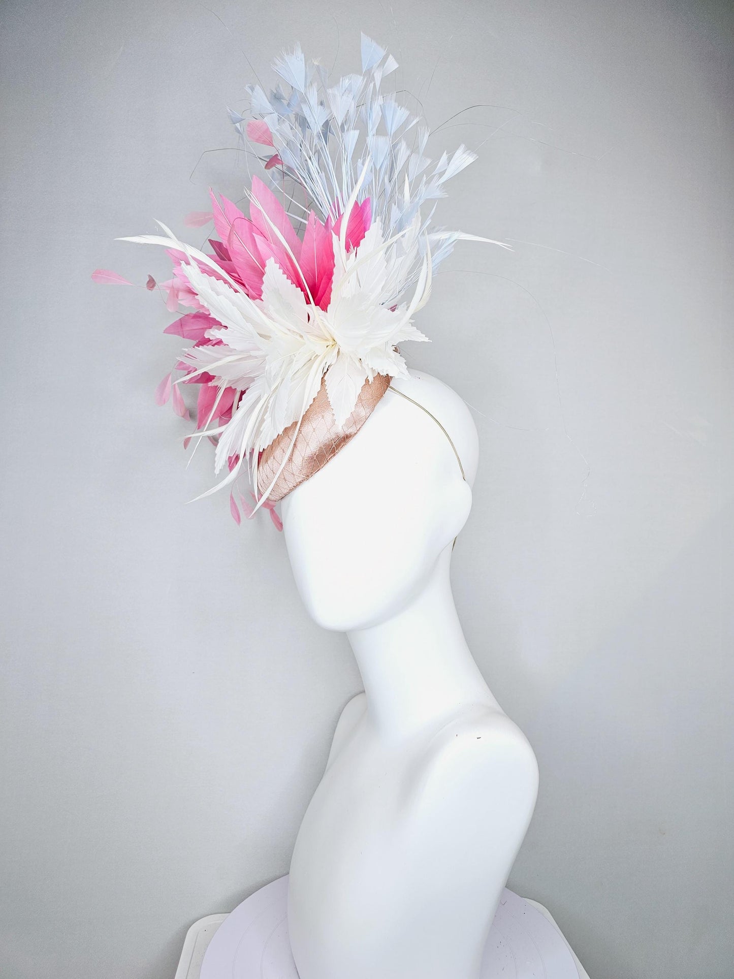 kentucky derby hat fascinator champagne satin with netting, white and blush light pink feather flower, sky light blue branching feathers