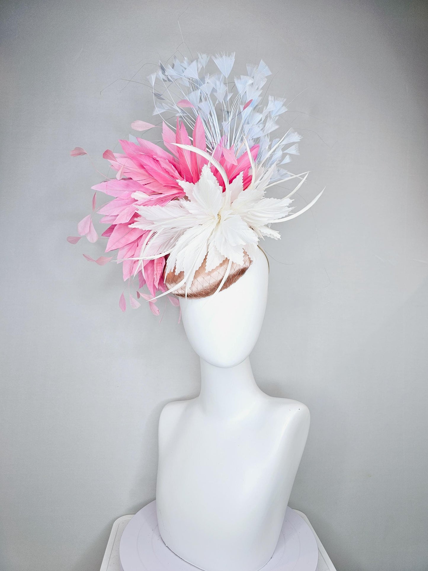 kentucky derby hat fascinator champagne satin with netting, white and blush light pink feather flower, sky light blue branching feathers