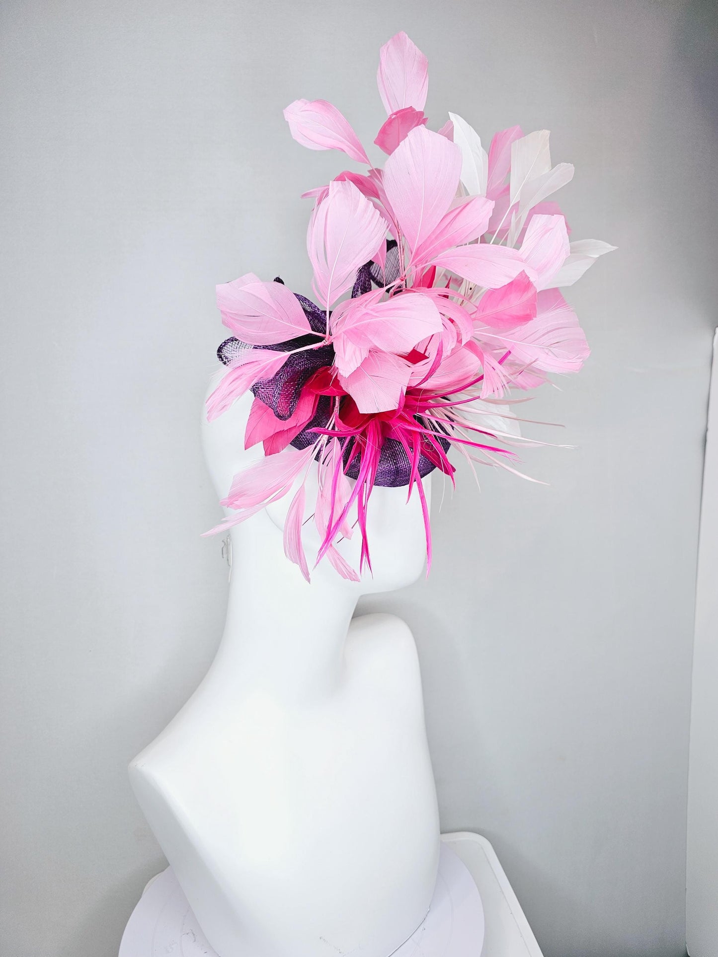 kentucky derby hat fascinator purple sinamay with bow and hot bright pink light pink blush pink white branching feathers