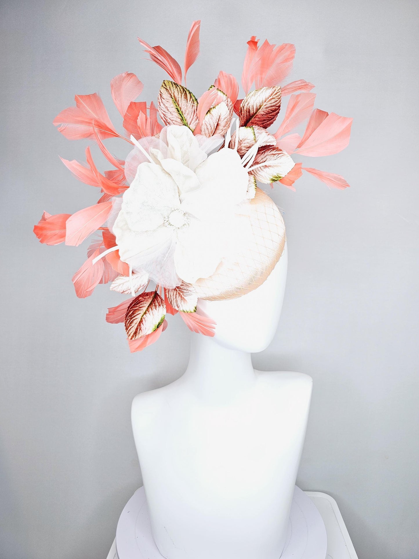 kentucky derby hat fascinator neutral beige satin with netting, white organza flowers, orange ombre leaves, orange peach branching feathers