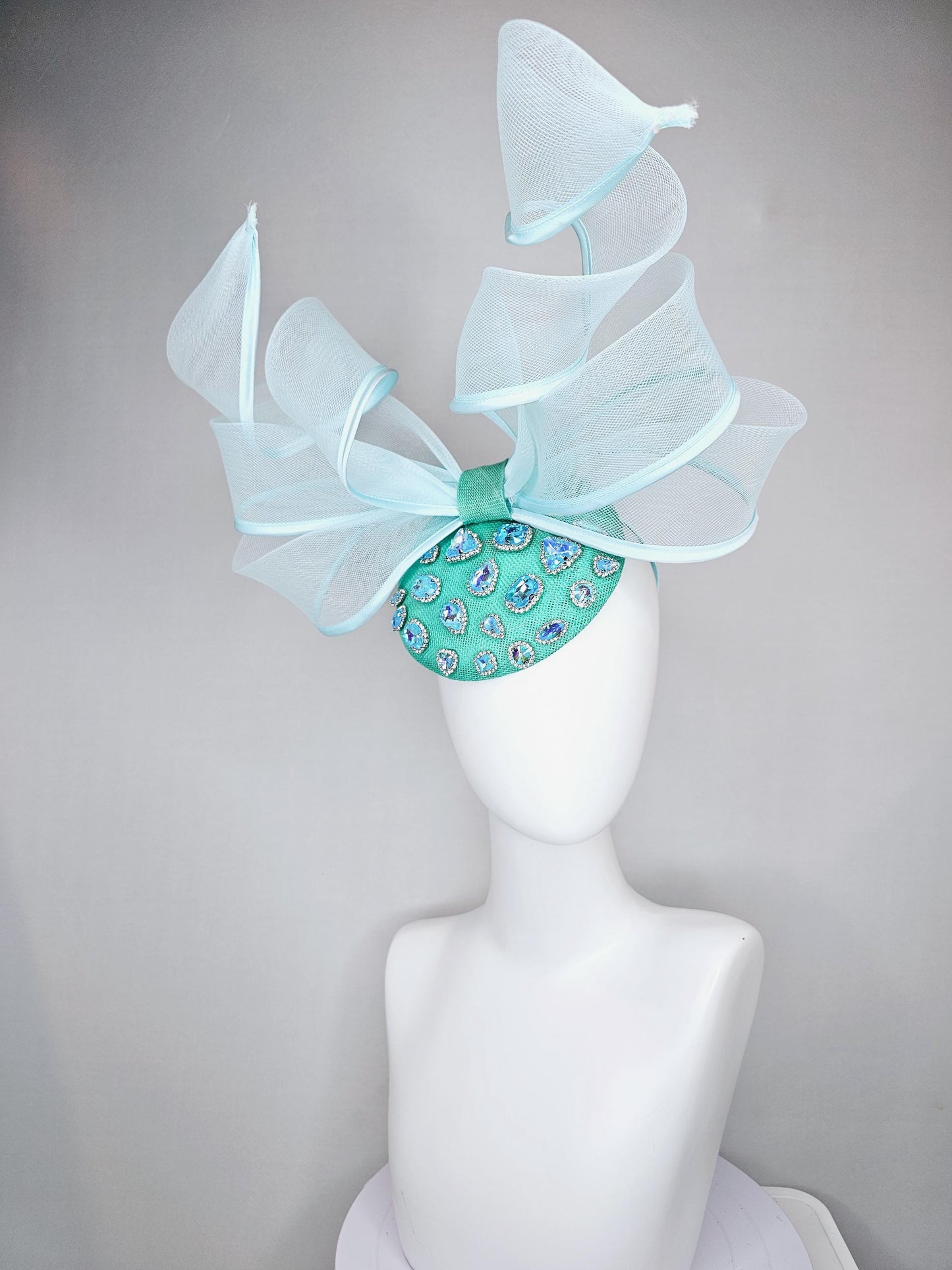 kentucky derby hat fascinator aqua blue green sinamay w/ iridescent blue crystal jewel,light blue mesh wired ribbon large bendable bow decor