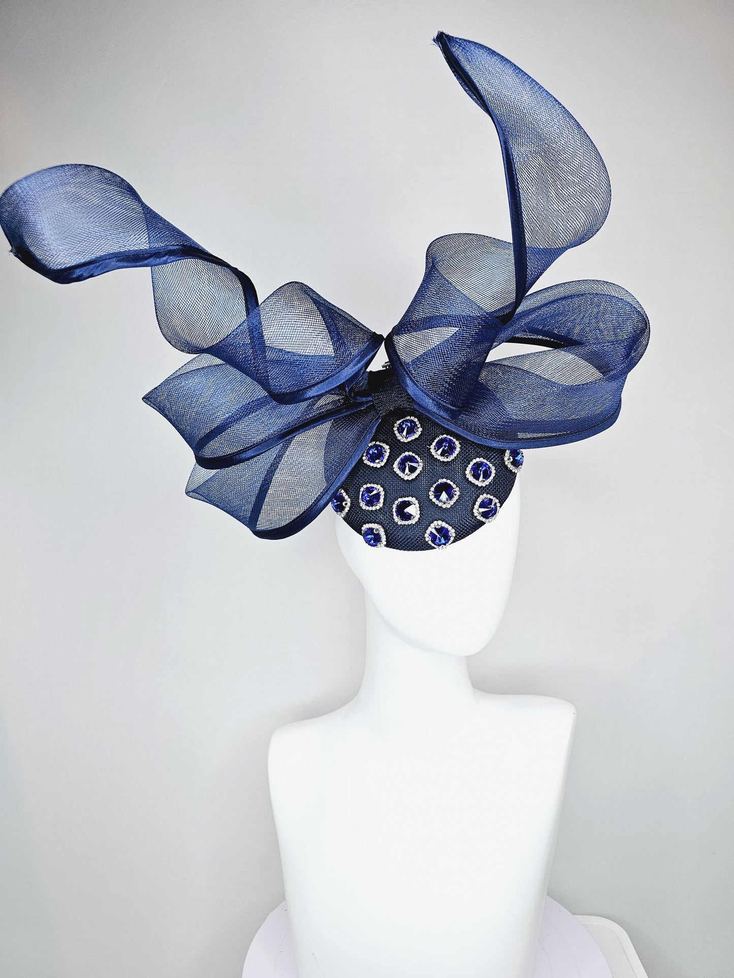 kentucky derby hat fascinator navy blue sinamay with navy blue crystal jewels, mesh and wired ribbon large bendable navy blue bow decor