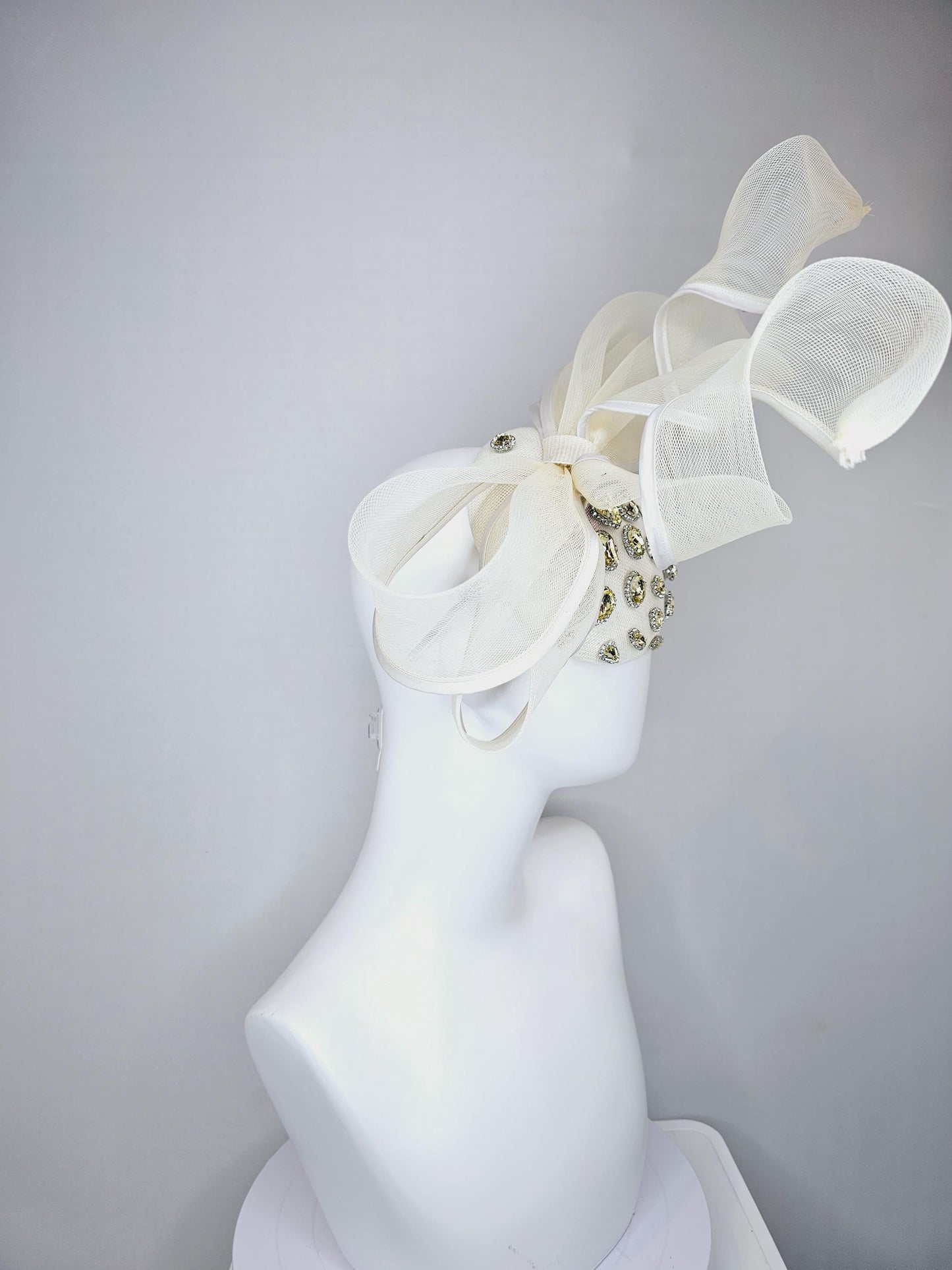 kentucky derby hat fascinator ivory white sinamay with yellow gold crystal jewels,ivory white mesh and wired ribbon large bendable bow decor