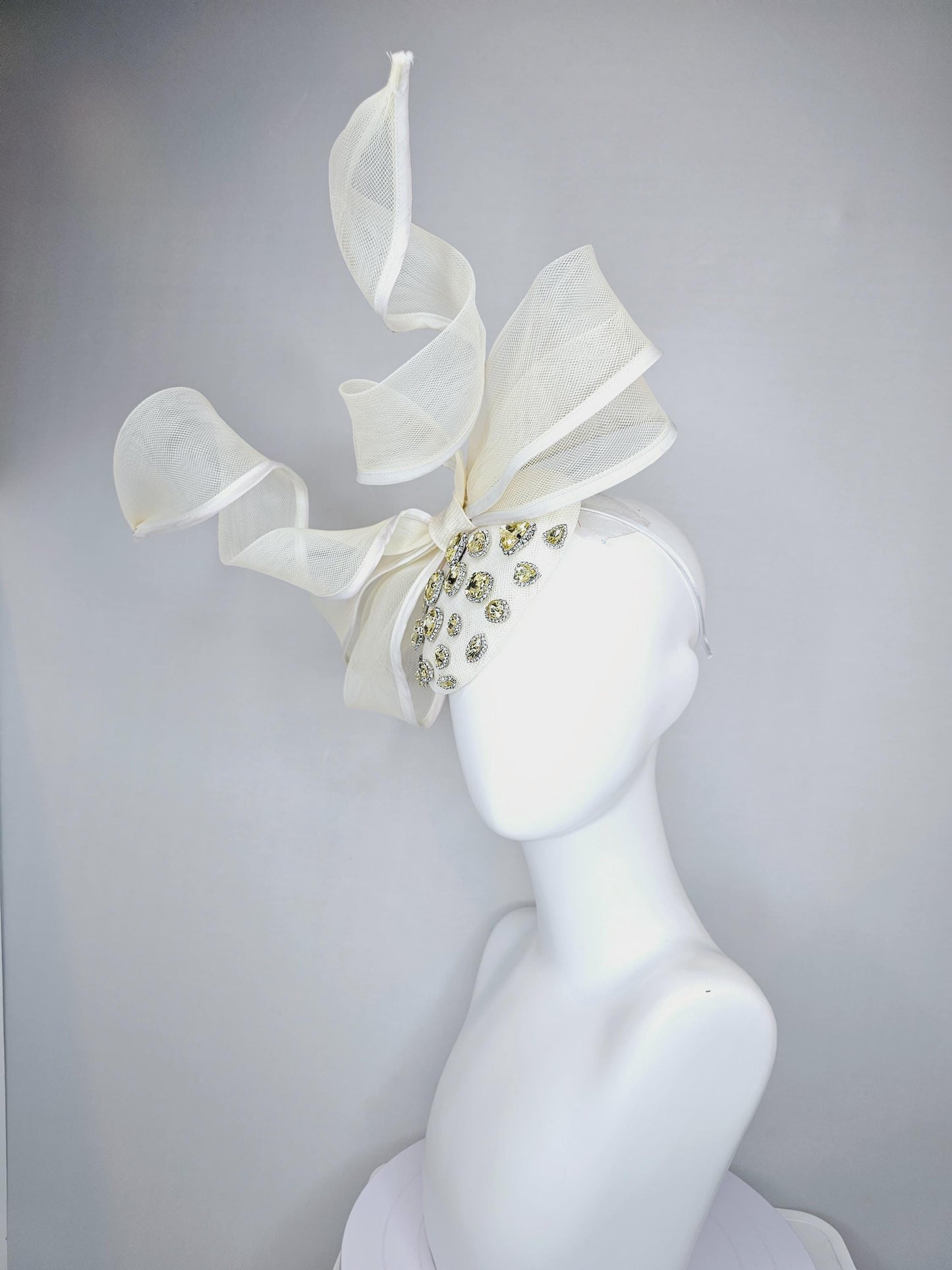 kentucky derby hat fascinator ivory white sinamay with yellow gold crystal jewels,ivory white mesh and wired ribbon large bendable bow decor