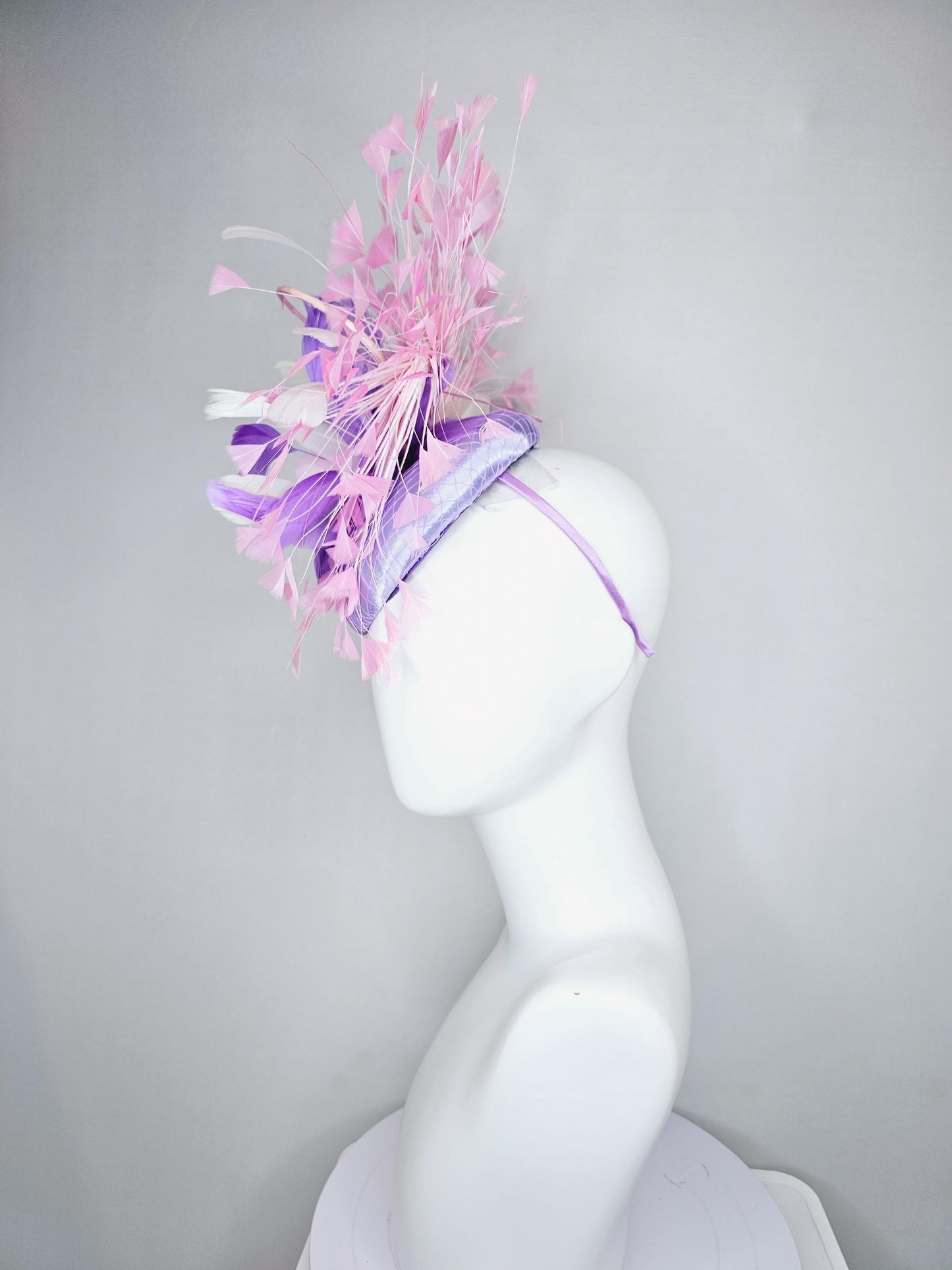 kentucky derby hat fascinator lavender purple satin with netting, lavender purple, white, light blush pink branching feathers