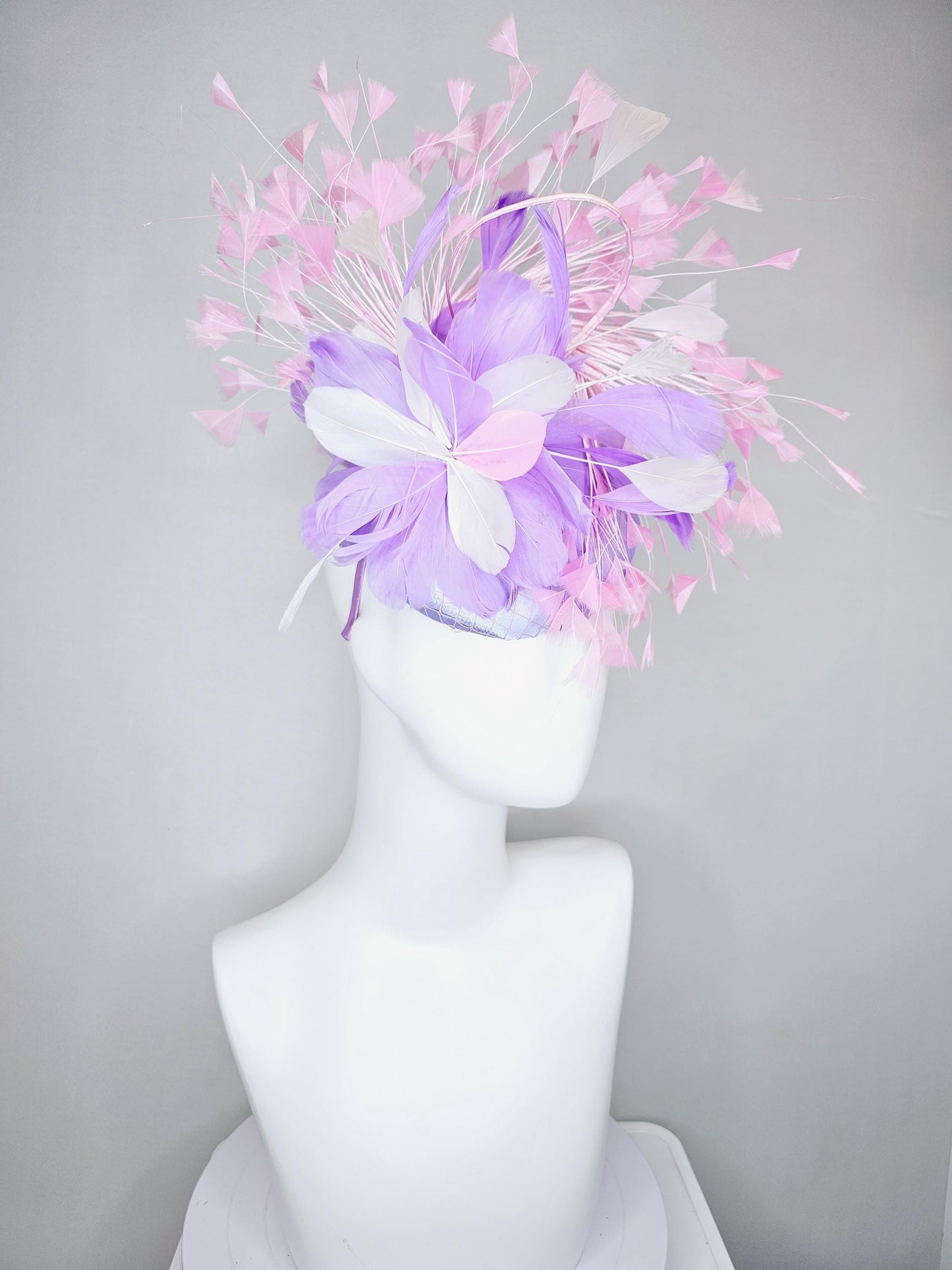 kentucky derby hat fascinator lavender purple satin with netting, lavender purple, white, light blush pink branching feathers