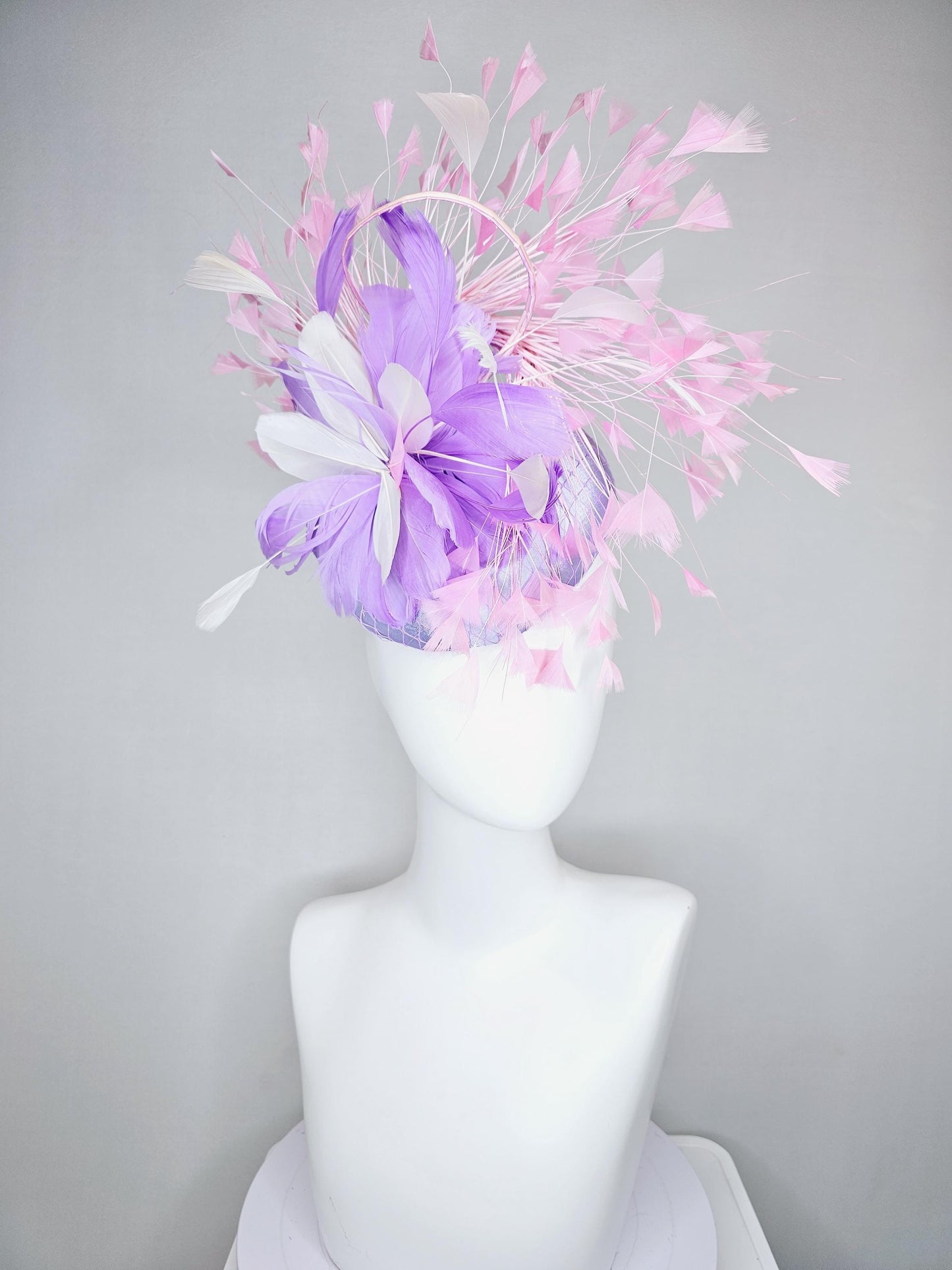 kentucky derby hat fascinator lavender purple satin with netting, lavender purple, white, light blush pink branching feathers
