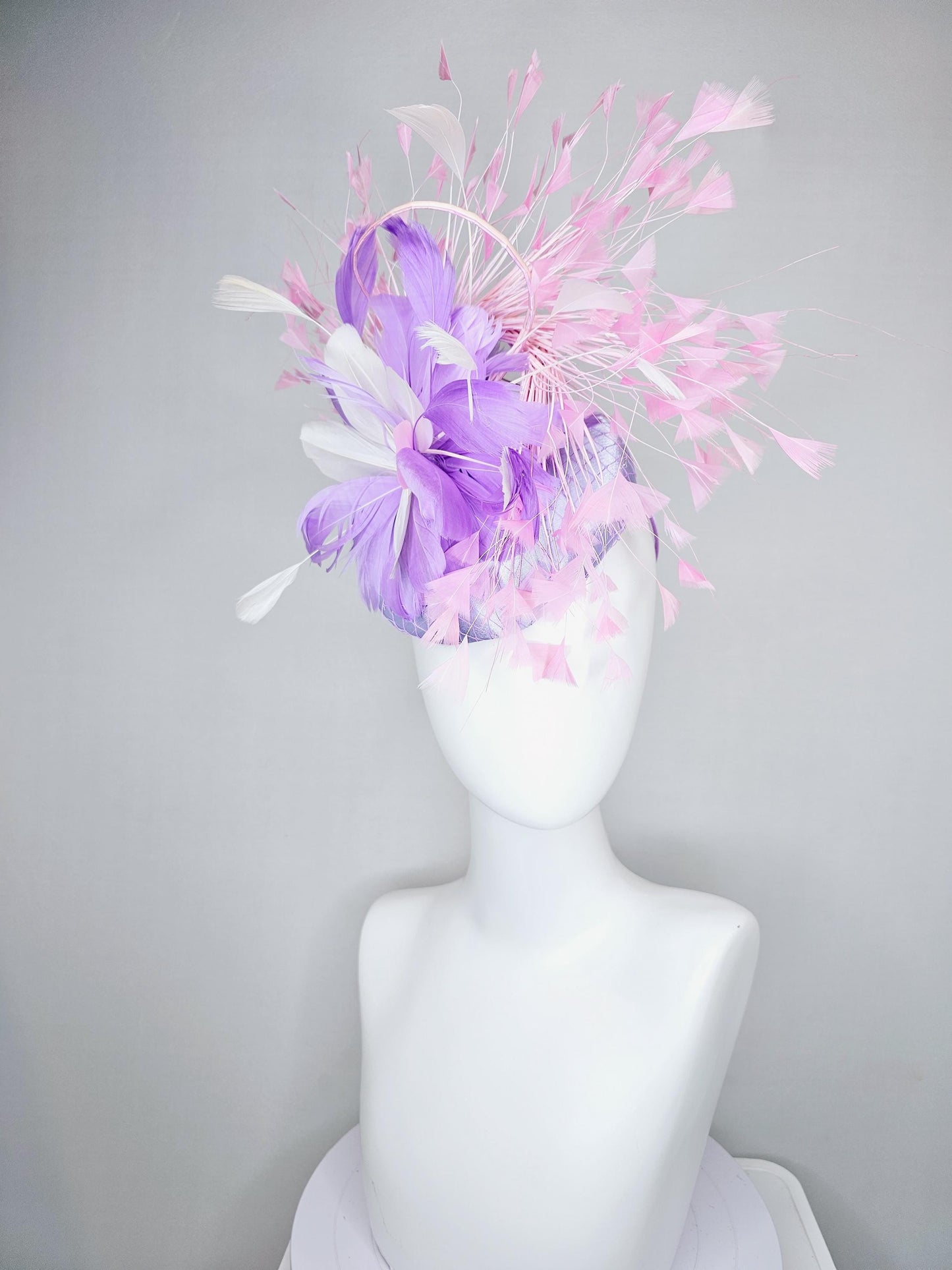 kentucky derby hat fascinator lavender purple satin with netting, lavender purple, white, light blush pink branching feathers