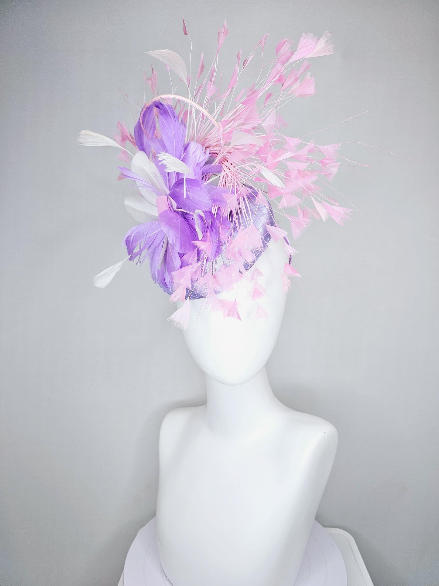 kentucky derby hat fascinator lavender purple satin with netting, lavender purple, white, light blush pink branching feathers