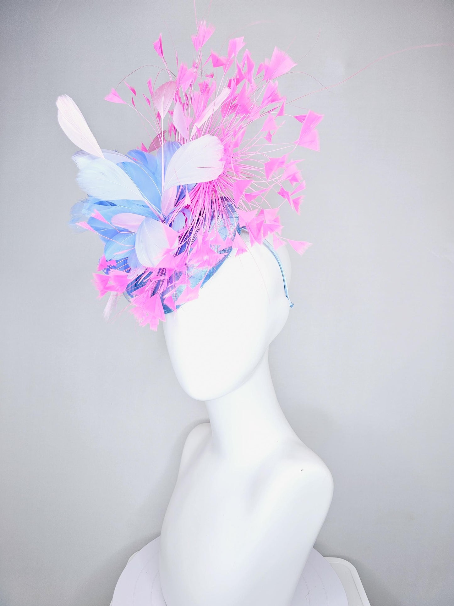 kentucky derby hat fascinator sky blue satin with netting, sky blue, white, blush pink, light pink branching feathers