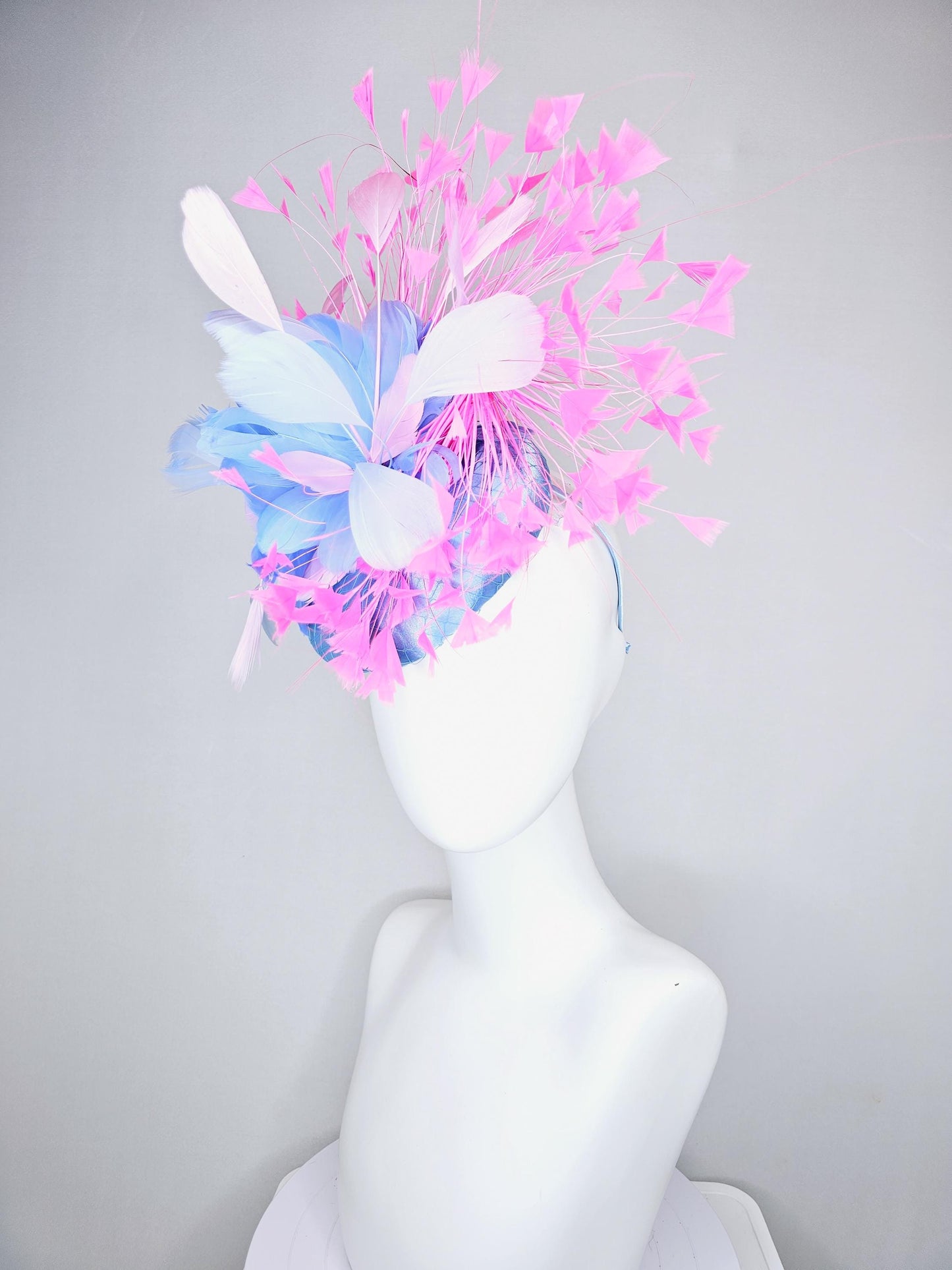 kentucky derby hat fascinator sky blue satin with netting, sky blue, white, blush pink, light pink branching feathers