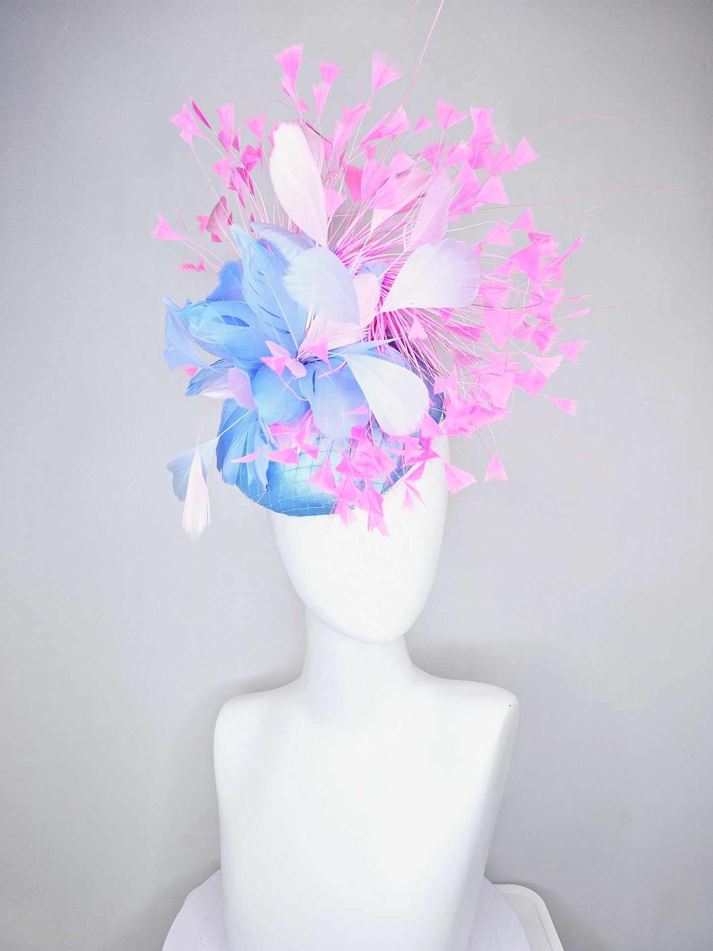 kentucky derby hat fascinator sky blue satin with netting, sky blue, white, blush pink, light pink branching feathers