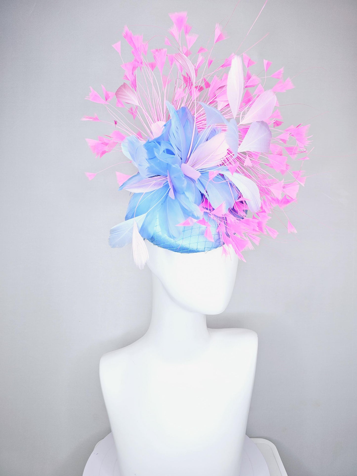 kentucky derby hat fascinator sky blue satin with netting, sky blue, white, blush pink, light pink branching feathers