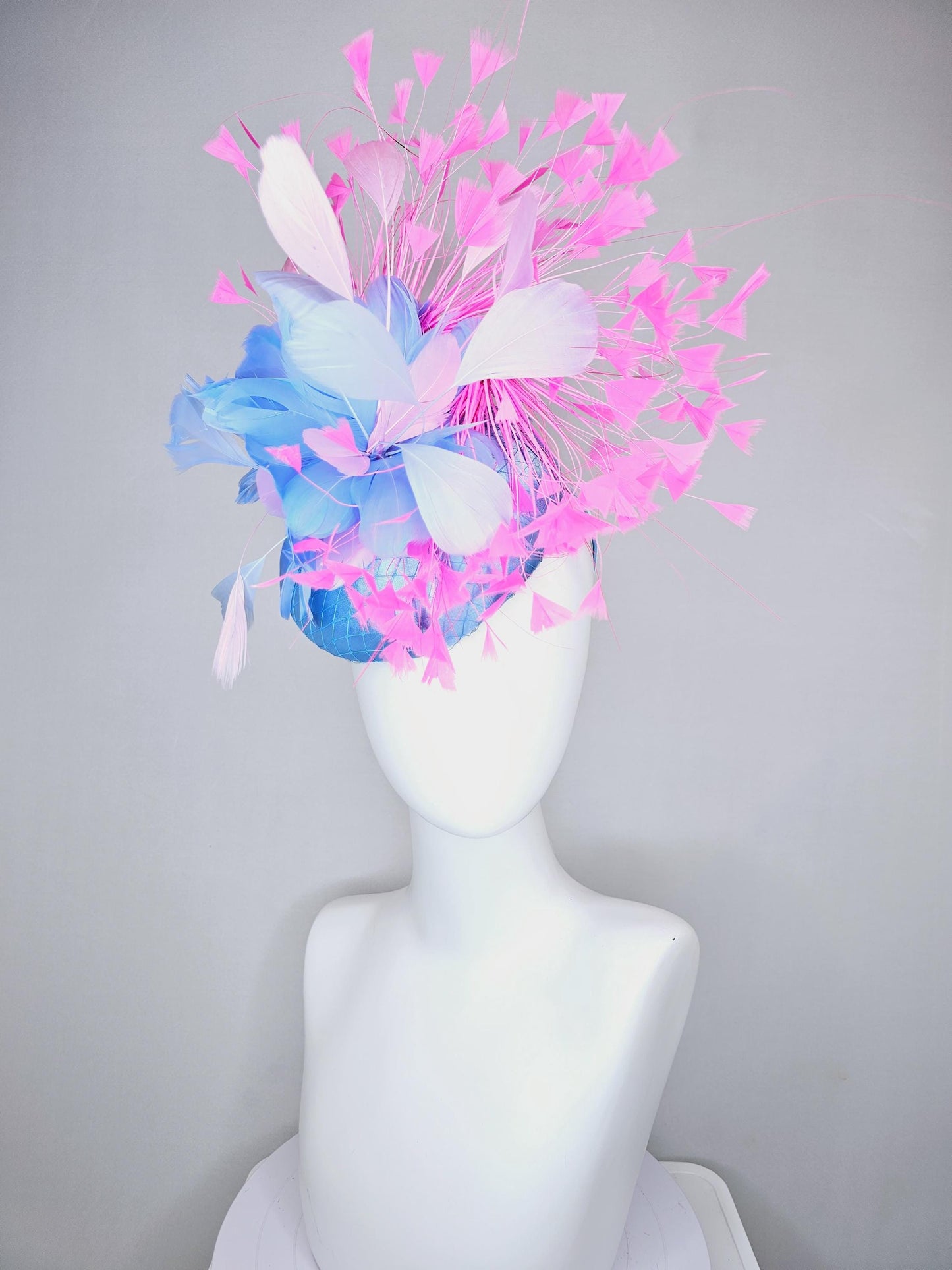 kentucky derby hat fascinator sky blue satin with netting, sky blue, white, blush pink, light pink branching feathers