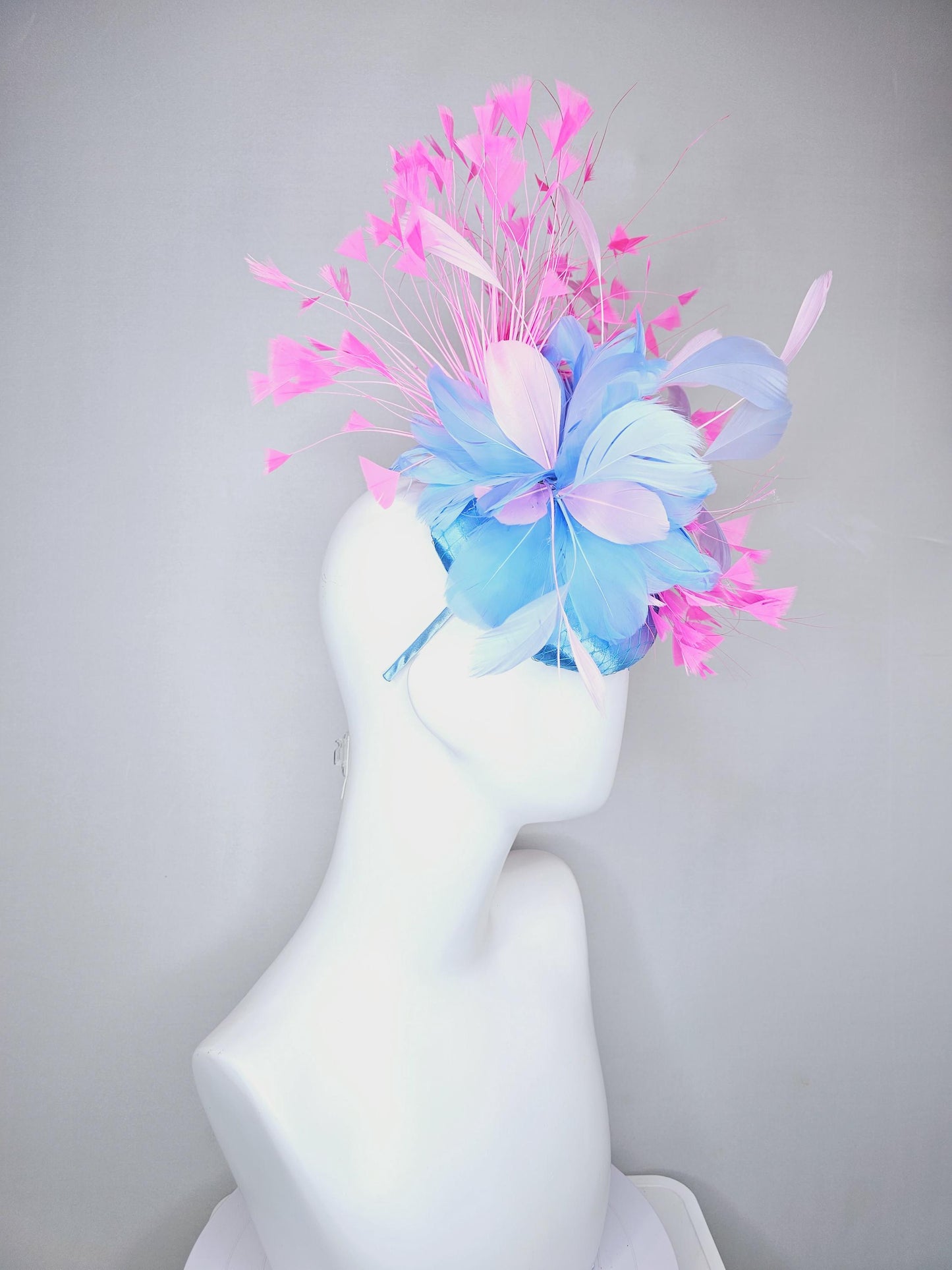 kentucky derby hat fascinator sky blue satin with netting, sky blue, white, blush pink, light pink branching feathers