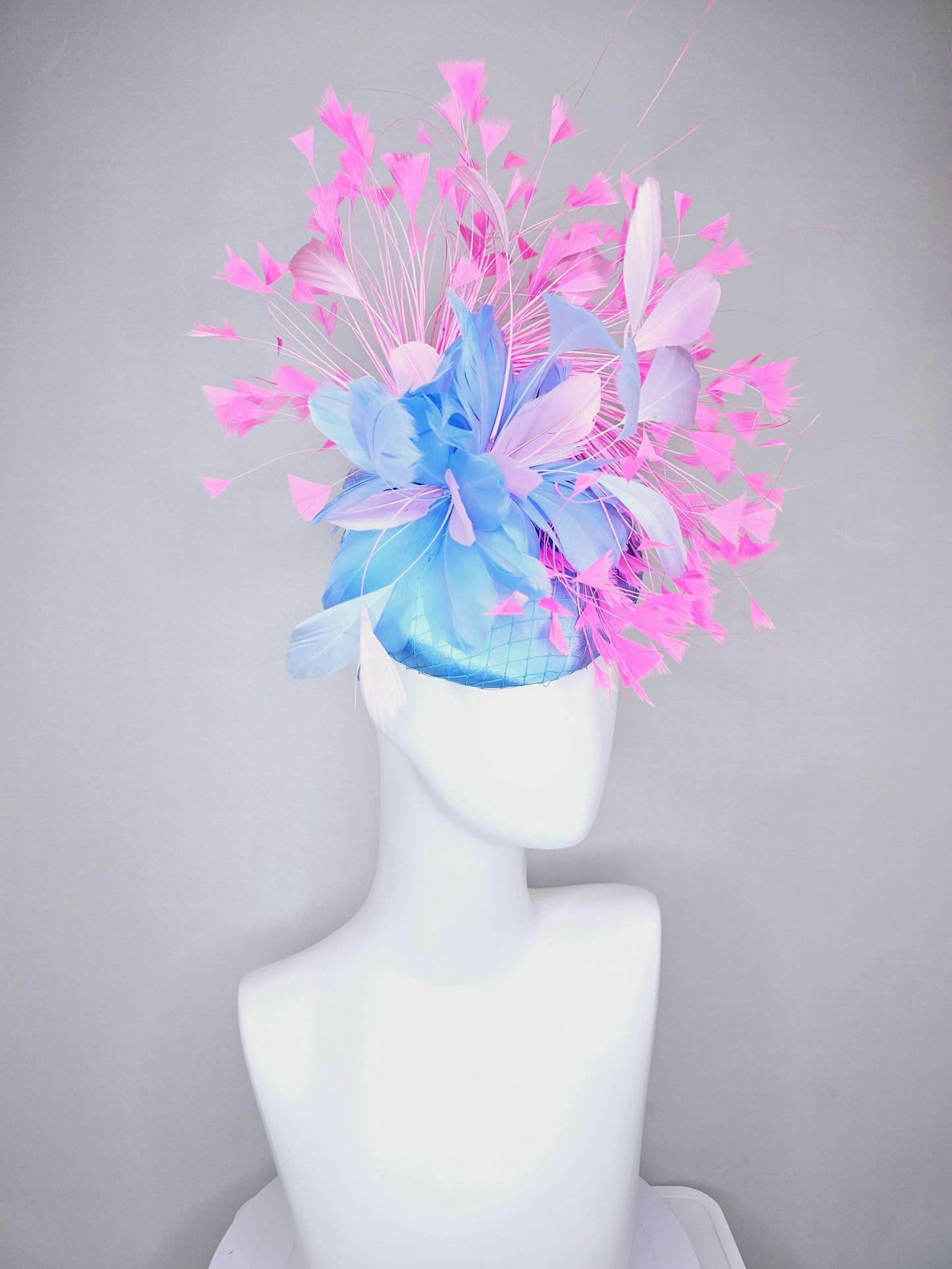 kentucky derby hat fascinator sky blue satin with netting, sky blue, white, blush pink, light pink branching feathers