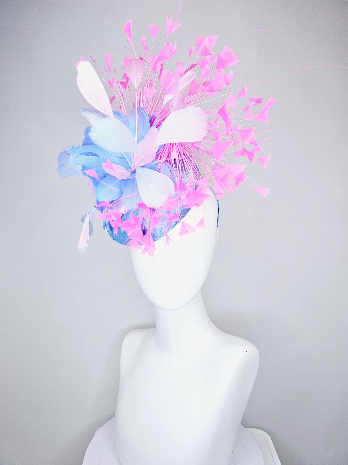 kentucky derby hat fascinator sky blue satin with netting, sky blue, white, blush pink, light pink branching feathers