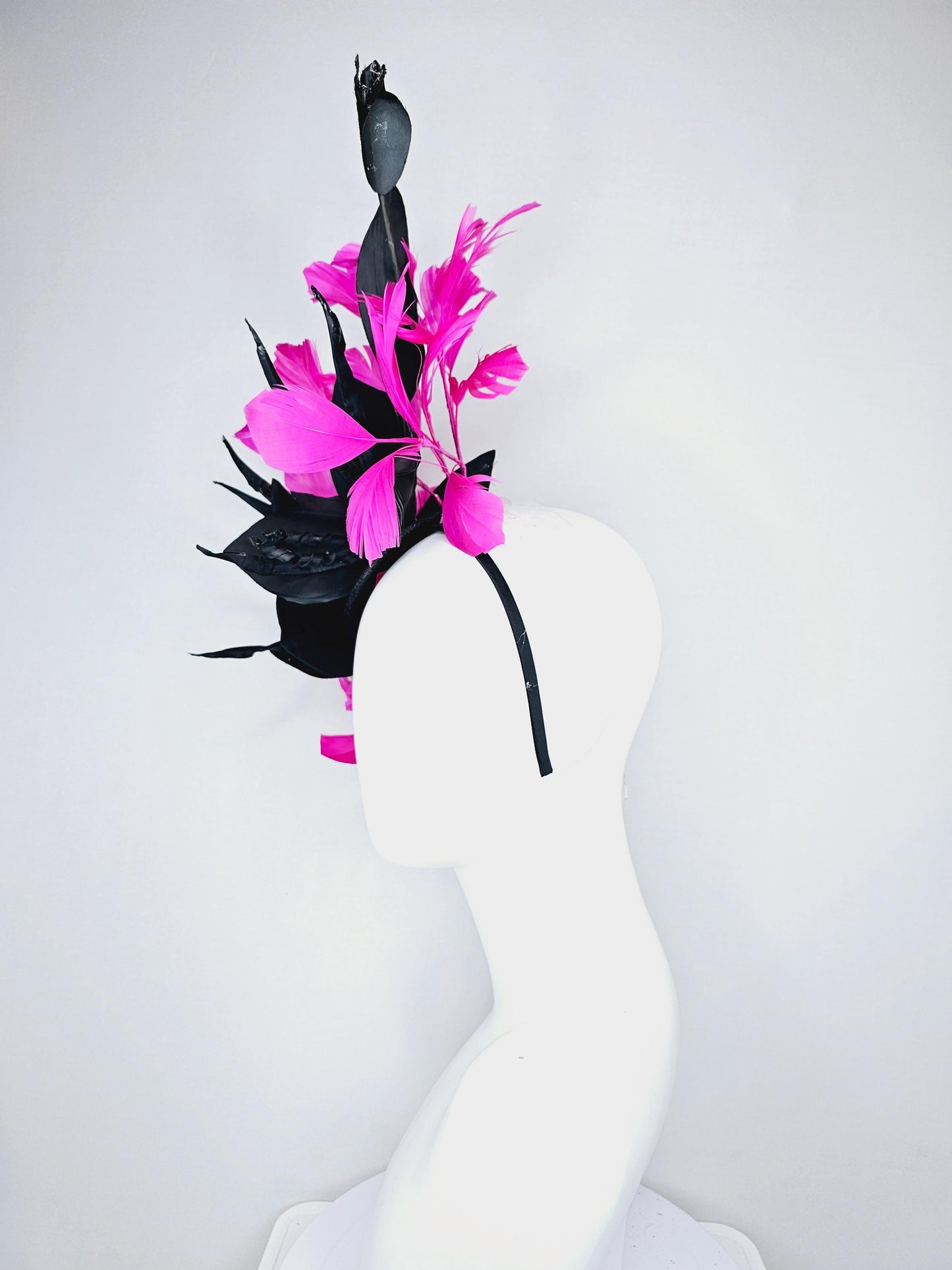 kentucky derby hat fascinator black sinamay with black satin silk flower and bright pink fuchsia branching feathers
