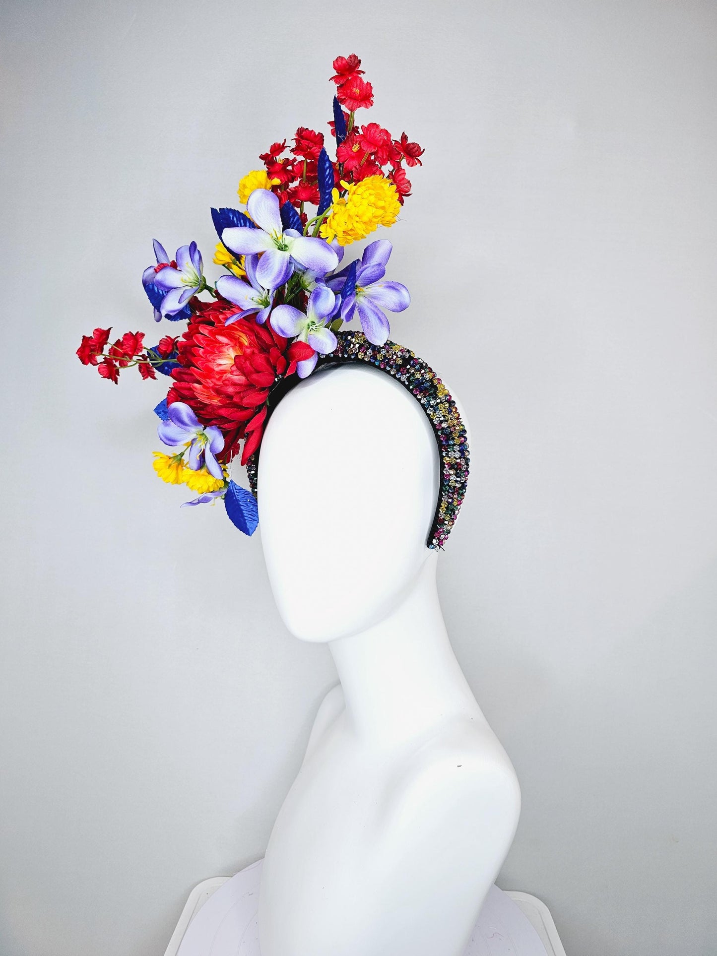 kentucky derby hat fascinator colorful rainbow crystal rhinestone headband,red orange purple lavender yellow flowers with royal blue leaves