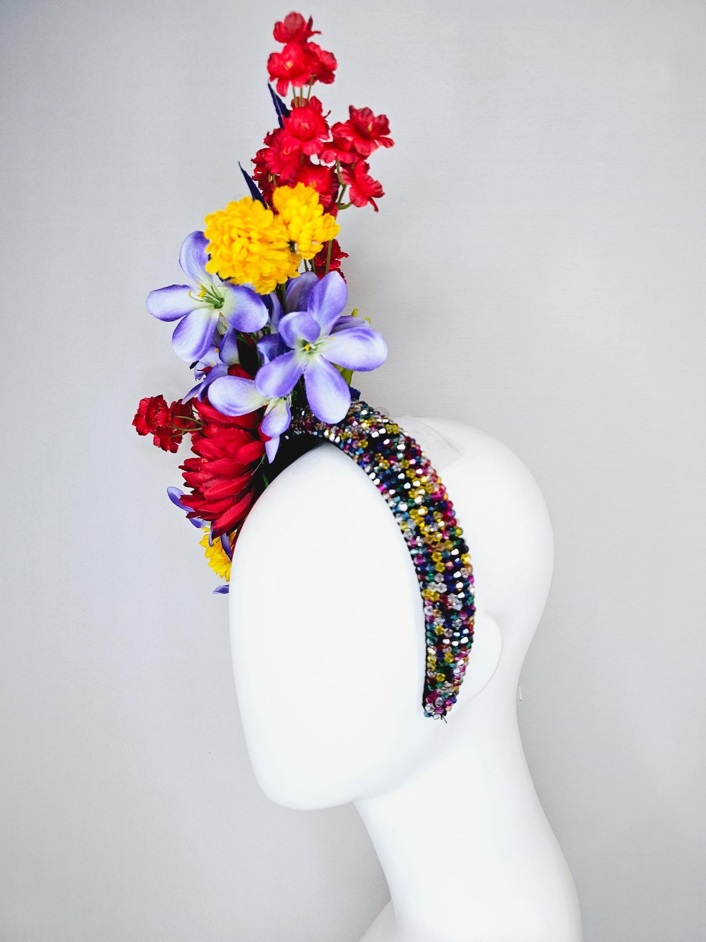 kentucky derby hat fascinator colorful rainbow crystal rhinestone headband,red orange purple lavender yellow flowers with royal blue leaves