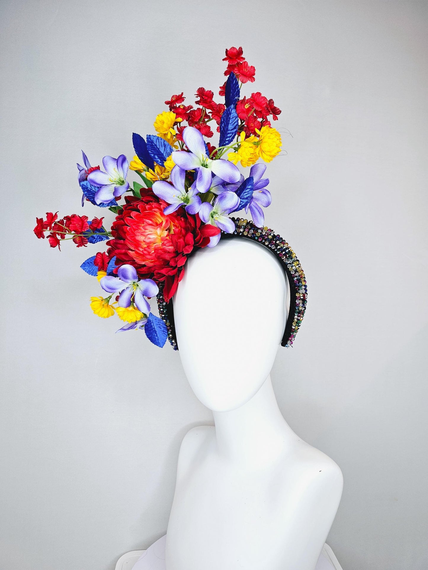 kentucky derby hat fascinator colorful rainbow crystal rhinestone headband,red orange purple lavender yellow flowers with royal blue leaves