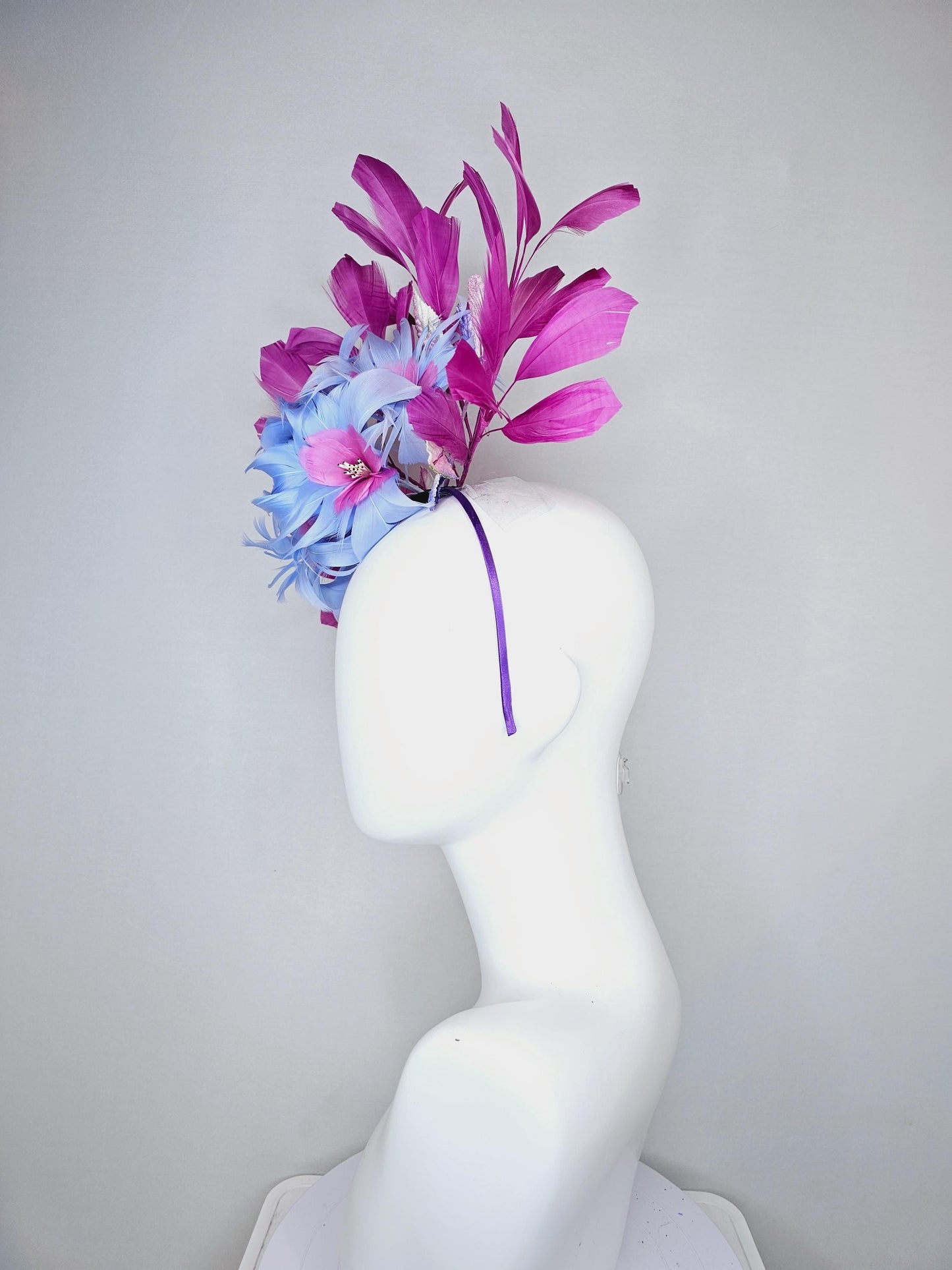 kentucky derby hat fascinator blue and pink feather flowers with ombre pink leaves and magenta purple branching feathers