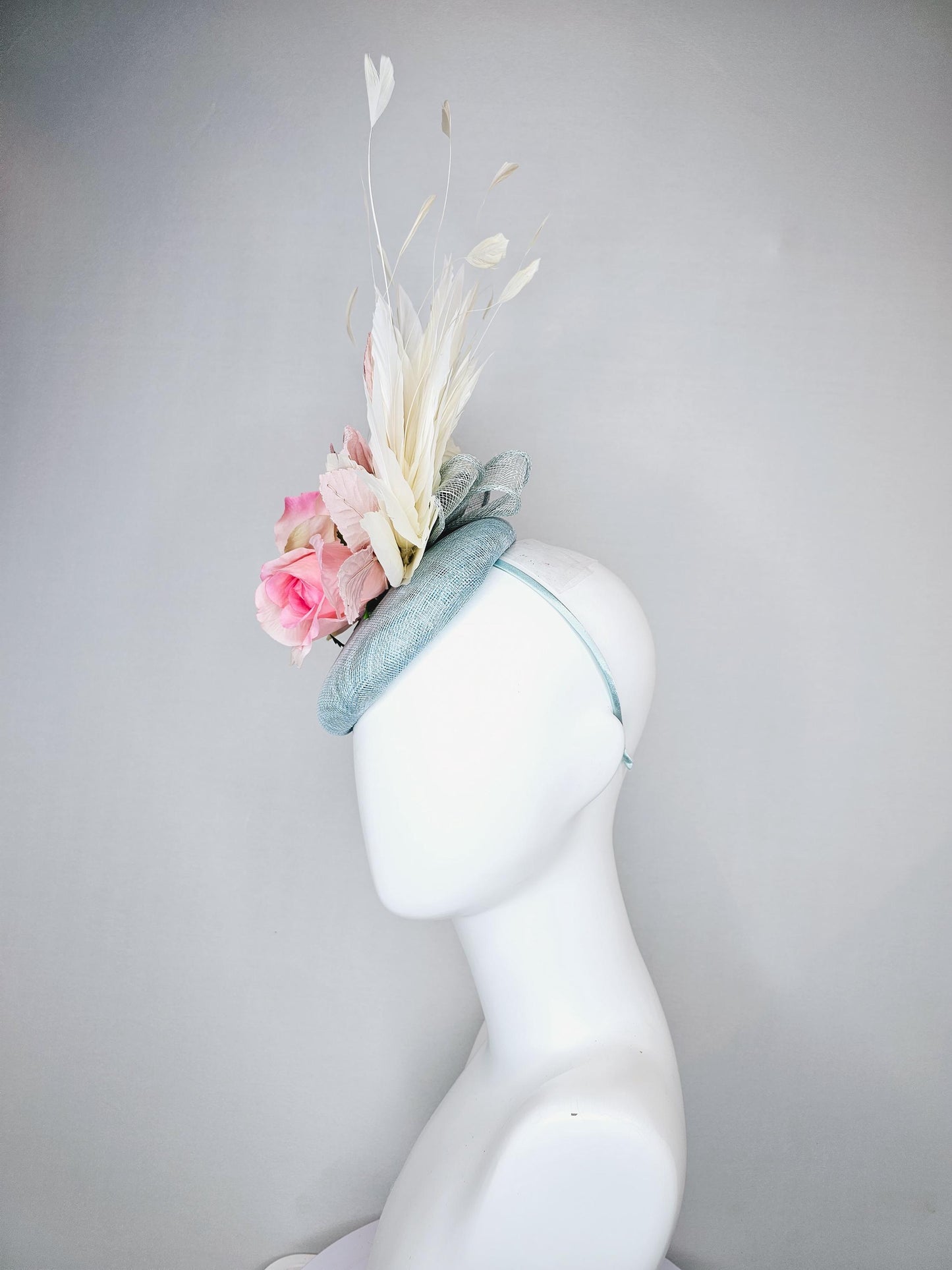 kentucky derby hat fascinator light blue sinamay, ombre pink satin silk rose flowers, with light pink leaves, white ivory branching feathers