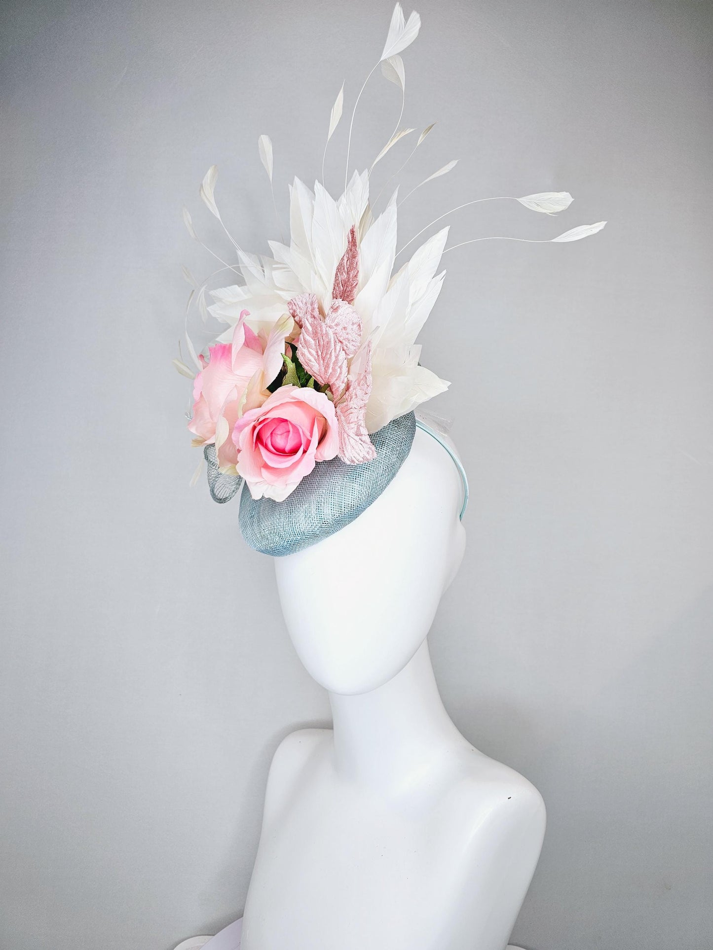 kentucky derby hat fascinator light blue sinamay, ombre pink satin silk rose flowers, with light pink leaves, white ivory branching feathers