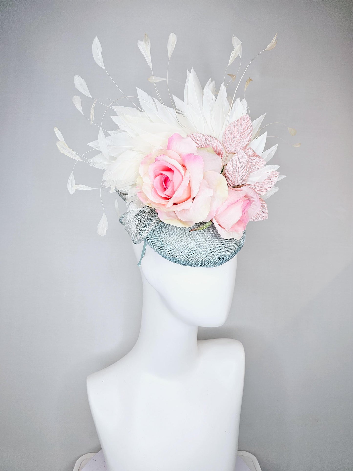 kentucky derby hat fascinator light blue sinamay, ombre pink satin silk rose flowers, with light pink leaves, white ivory branching feathers