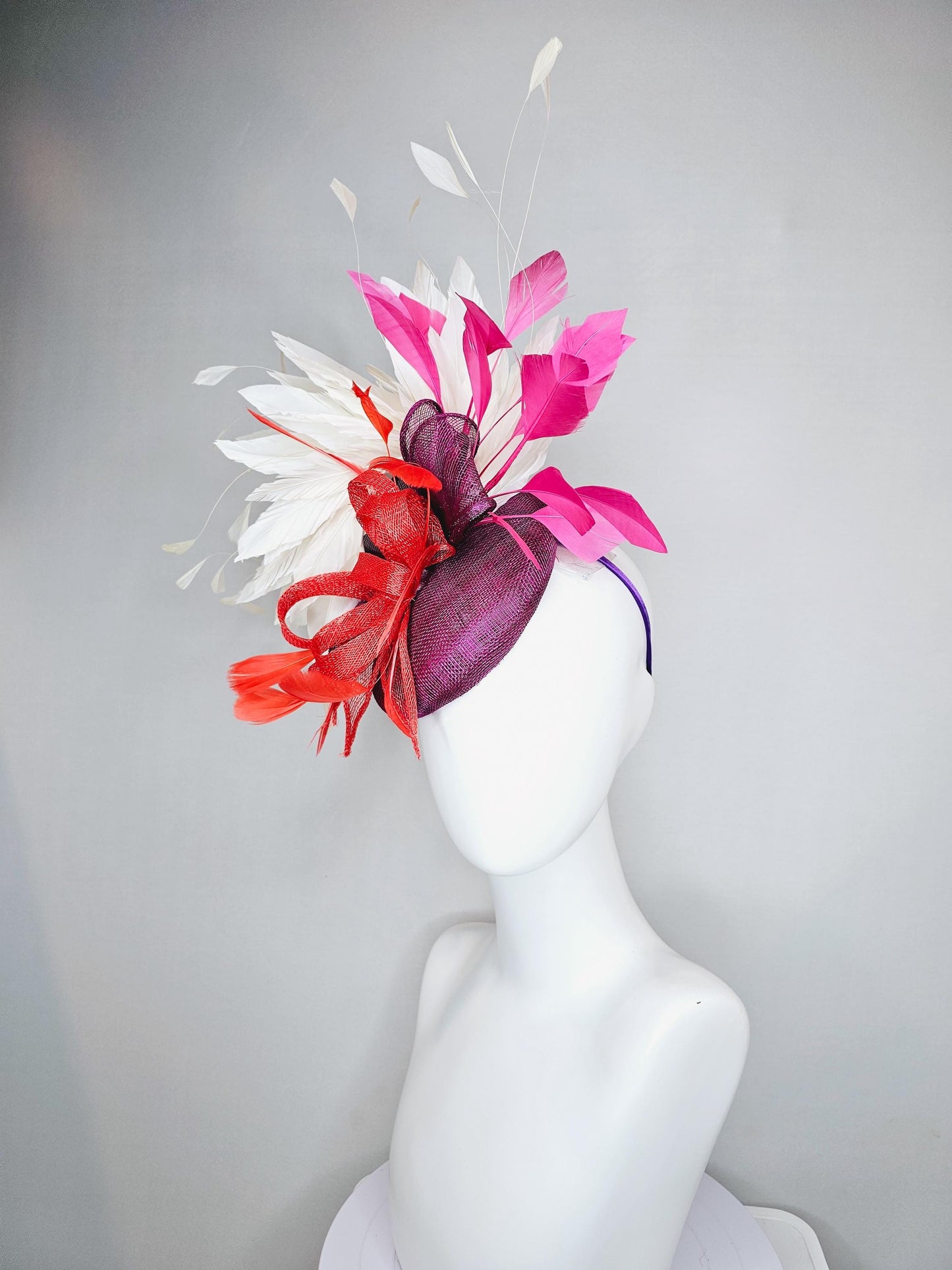 kentucky derby hat fascinator magenta purple sinamay with scarlet red sinamay bow and scarlet red feathers,pink and white branching feathers