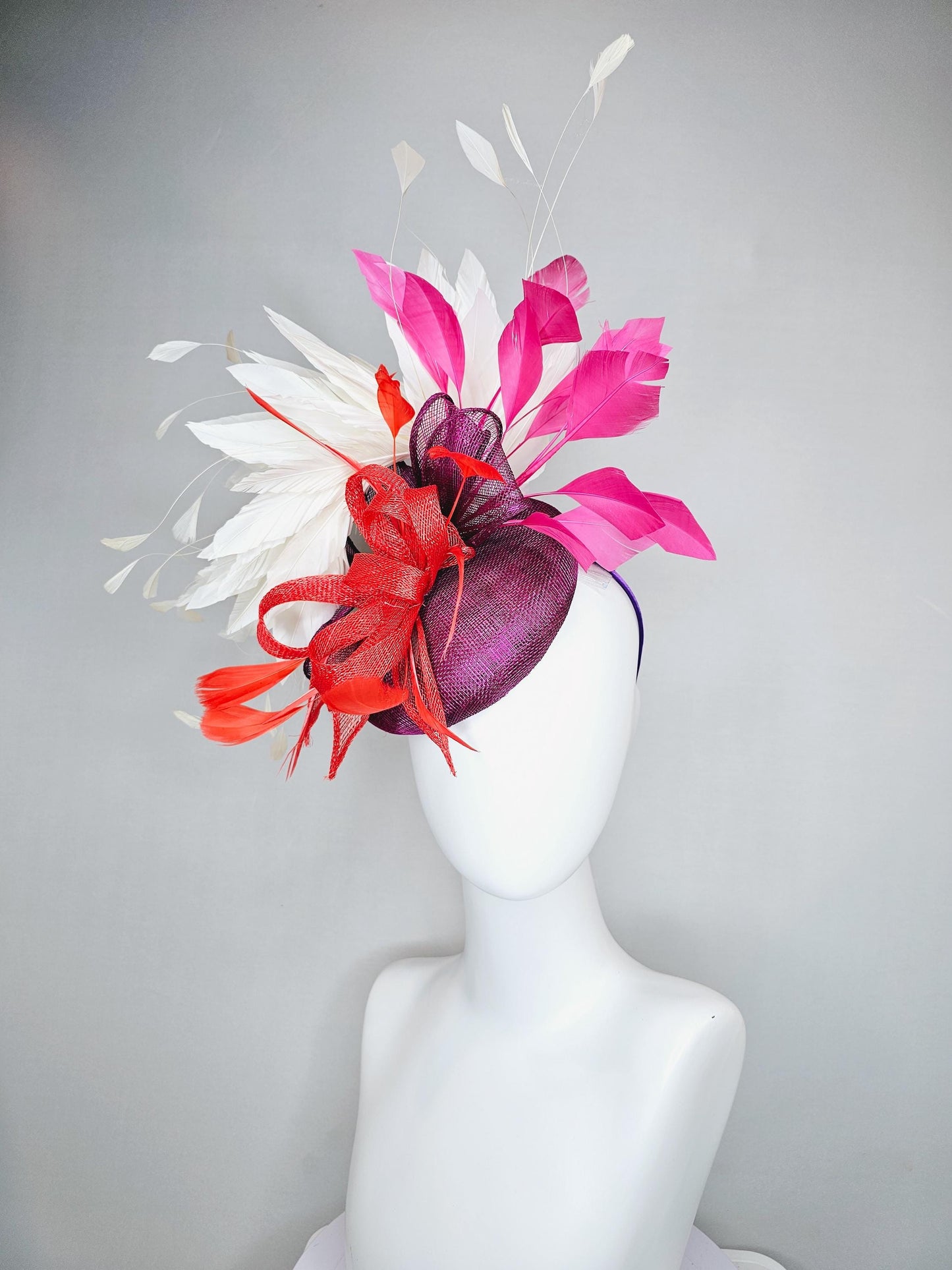kentucky derby hat fascinator magenta purple sinamay with scarlet red sinamay bow and scarlet red feathers,pink and white branching feathers