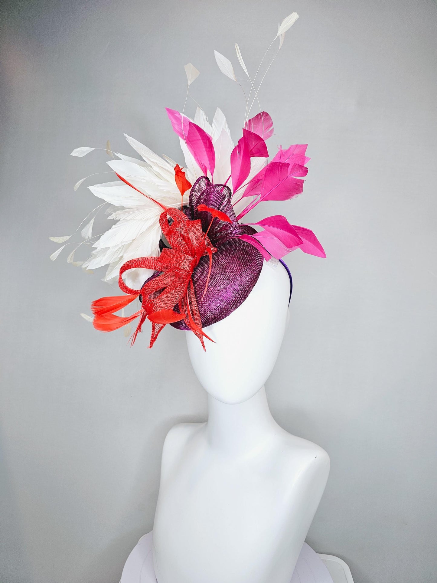 kentucky derby hat fascinator magenta purple sinamay with scarlet red sinamay bow and scarlet red feathers,pink and white branching feathers