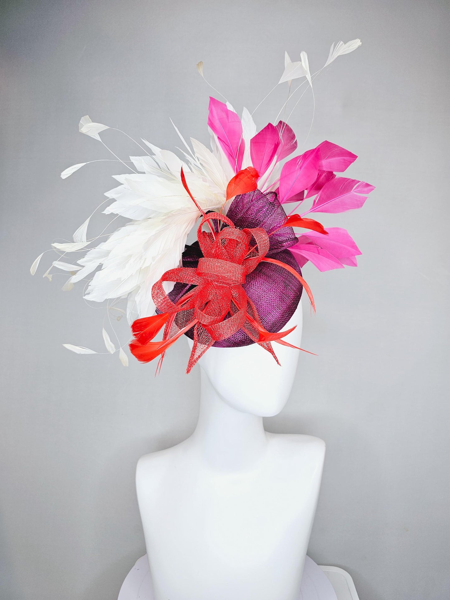 kentucky derby hat fascinator magenta purple sinamay with scarlet red sinamay bow and scarlet red feathers,pink and white branching feathers