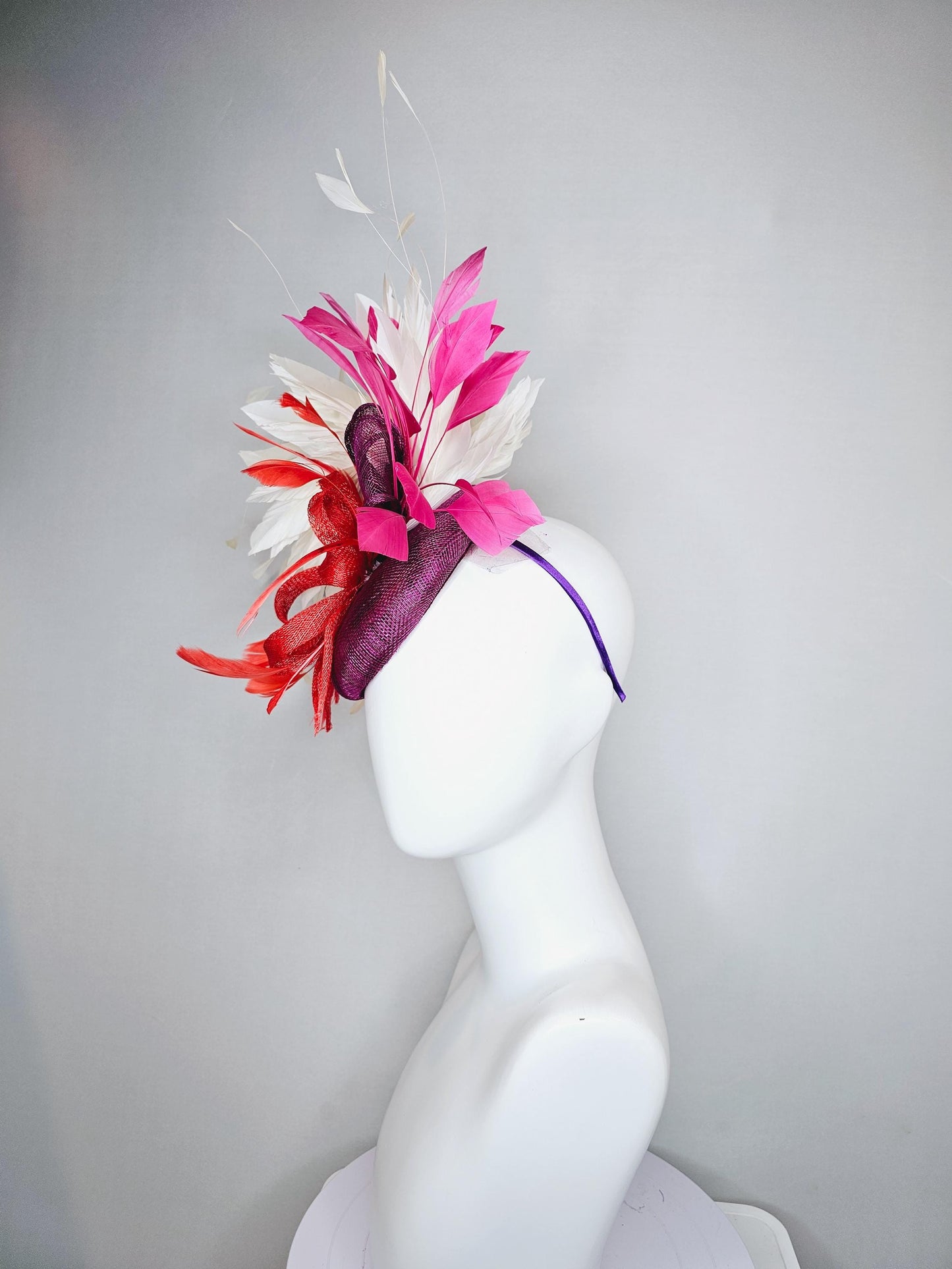 kentucky derby hat fascinator magenta purple sinamay with scarlet red sinamay bow and scarlet red feathers,pink and white branching feathers