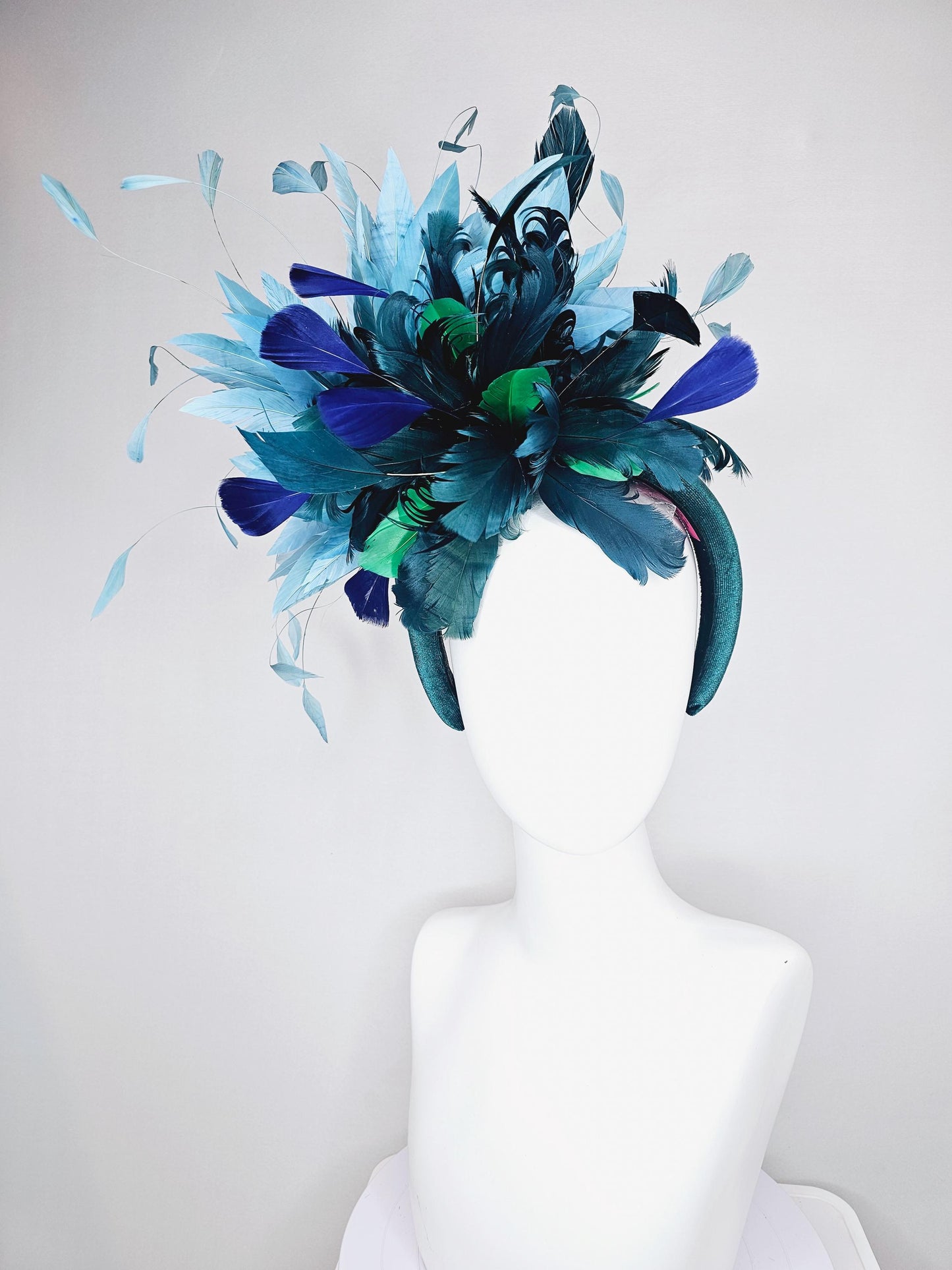 kentucky derby hat fascinator peacock blue velvet headband fluffy green peacock blue royal blue sky blue branching feathers
