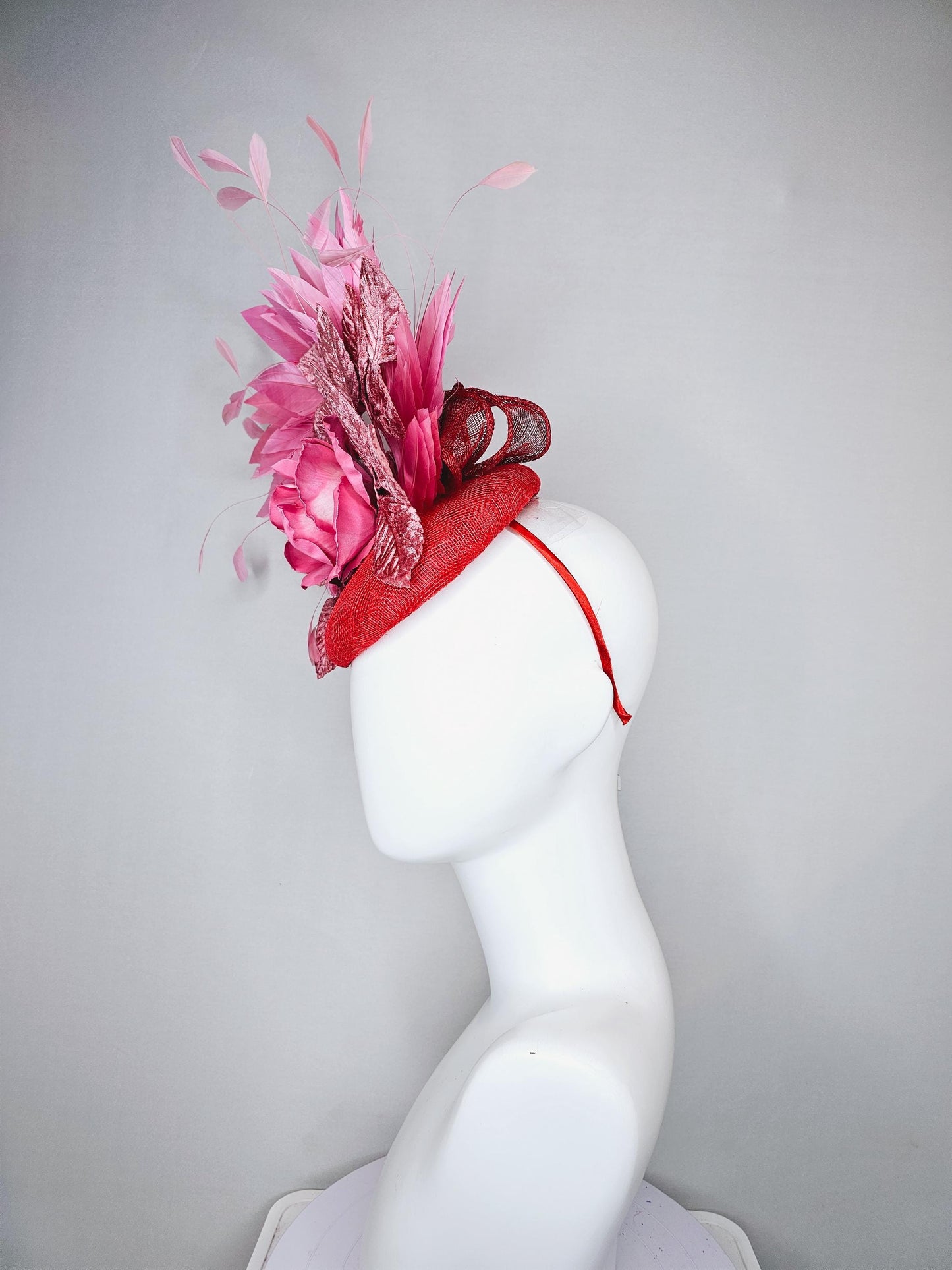 kentucky derby hat fascinator red sinamay with baby pink satin silk rose flower and light pink leaves, baby pink branching feathers