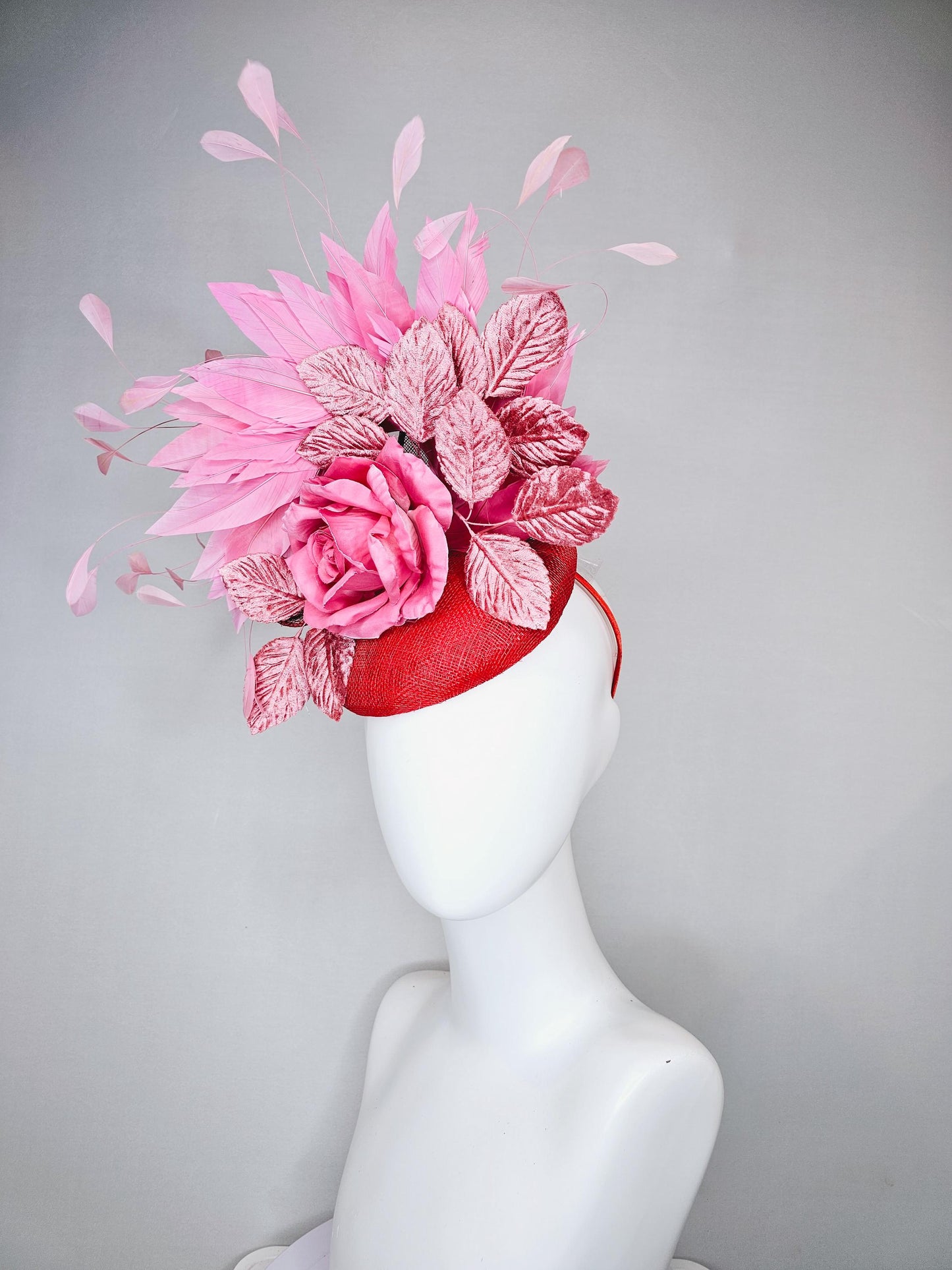 kentucky derby hat fascinator red sinamay with baby pink satin silk rose flower and light pink leaves, baby pink branching feathers