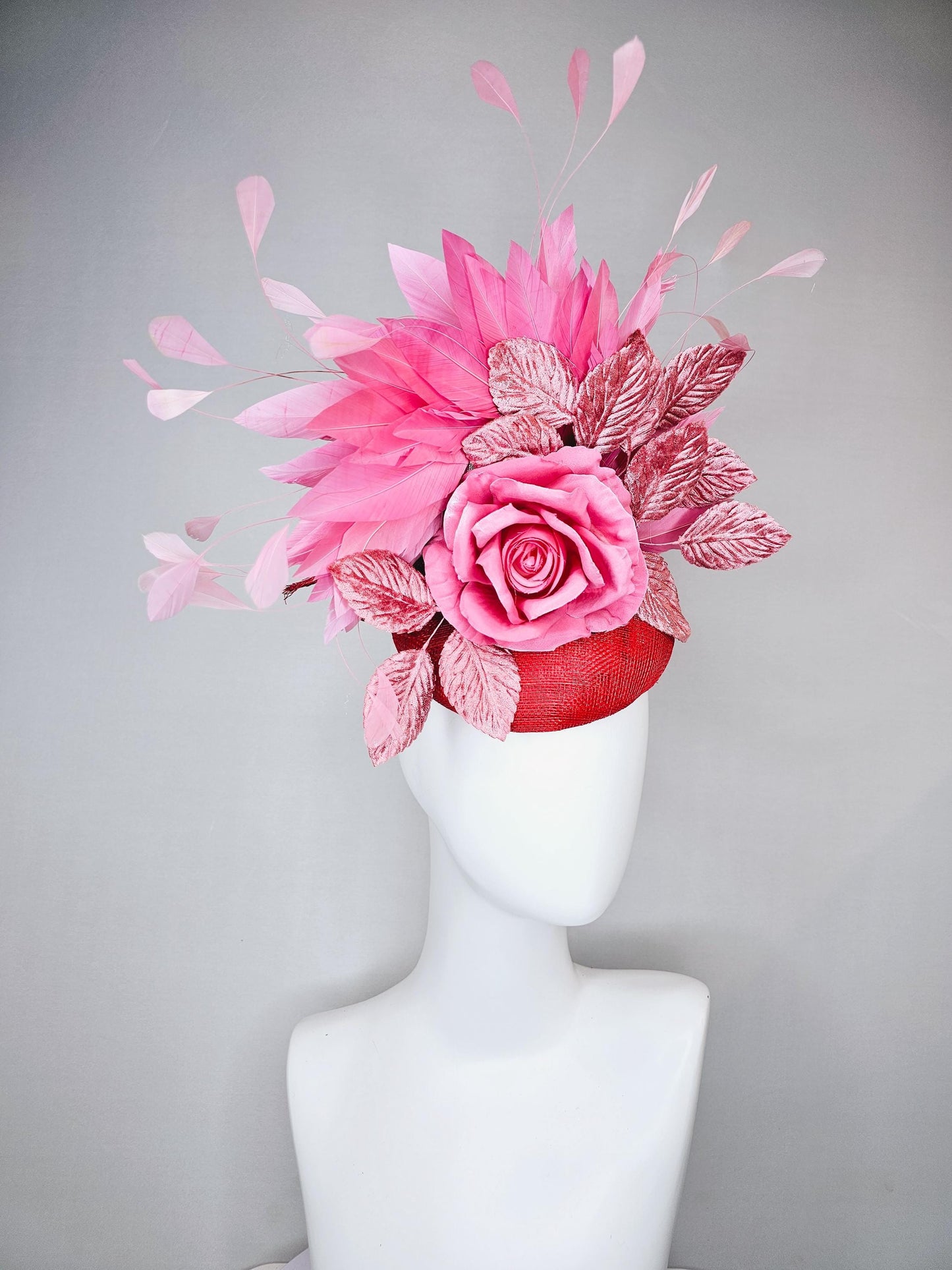 kentucky derby hat fascinator red sinamay with baby pink satin silk rose flower and light pink leaves, baby pink branching feathers